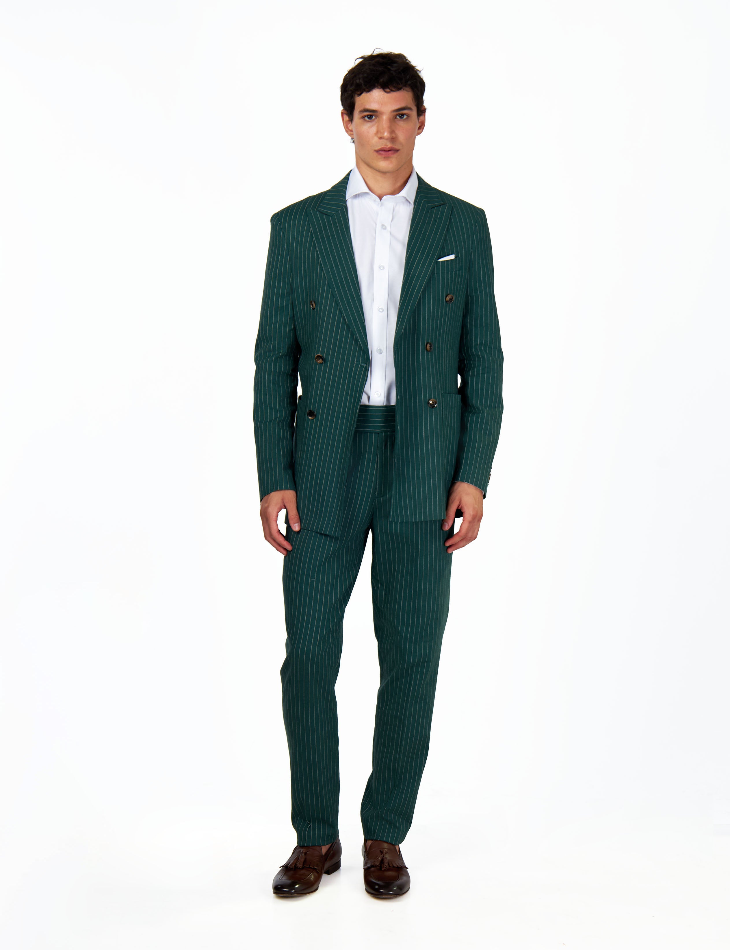 LLOYD – Double Breasted Linen Jacket In Green Pinstripes