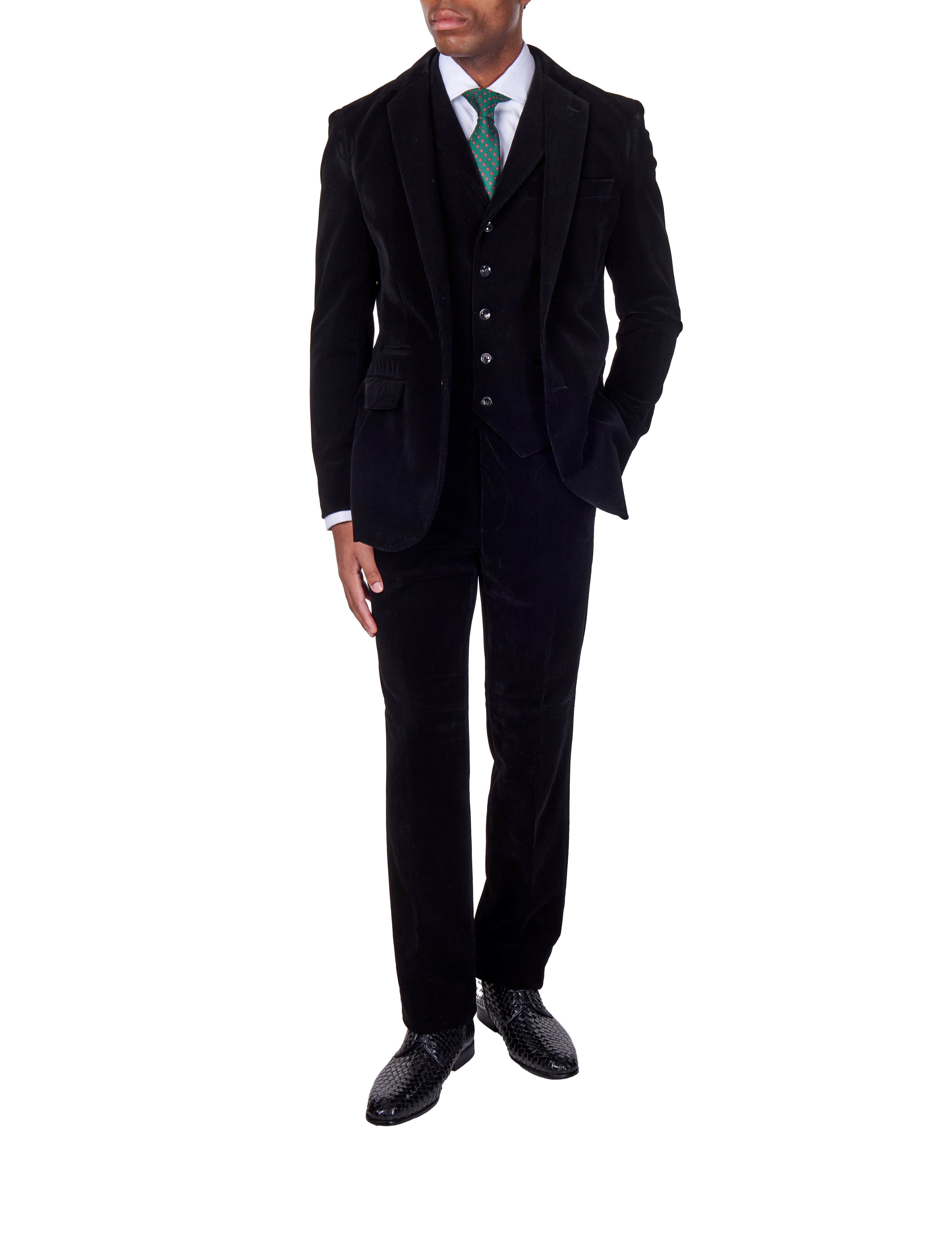 CORDUORY BLACK TAILORED FIT JACKET & WAISTCOAT