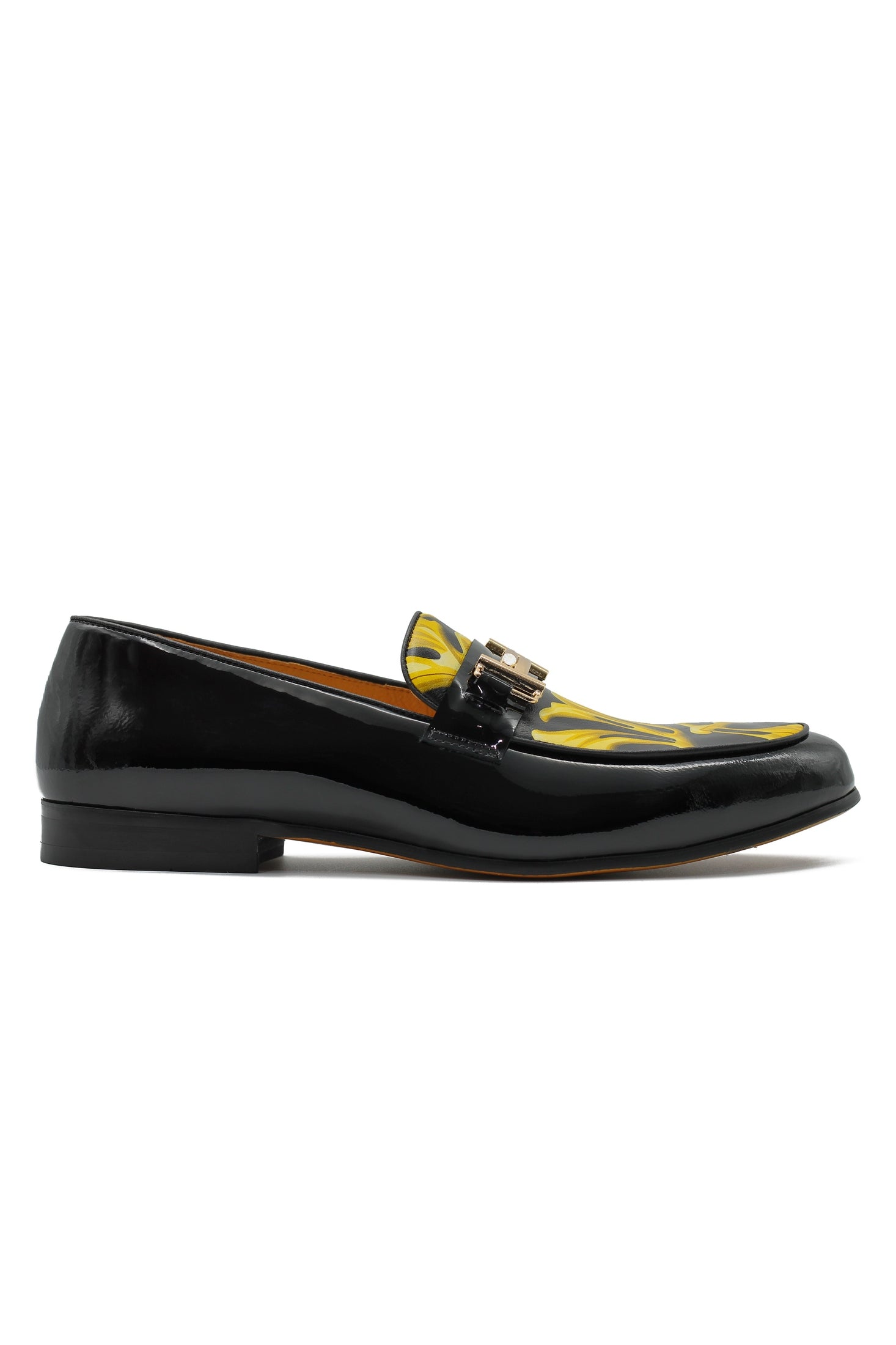 BLACK SHINY GOLD BUCKLE LEATHER LOAFERS