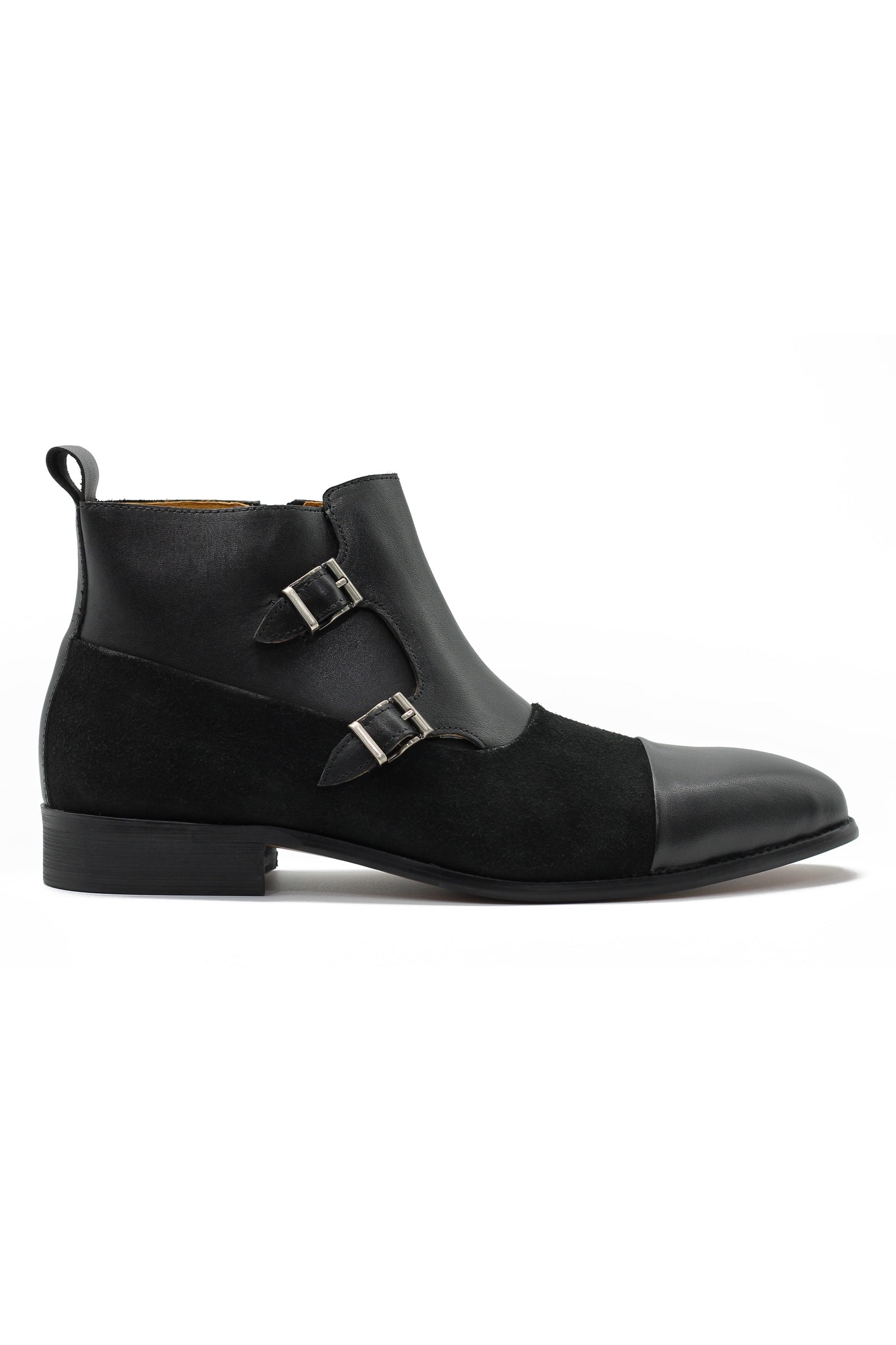 BLACK DOUBLE MONK LEATHER & SUEDE CHELSEA BOOTS