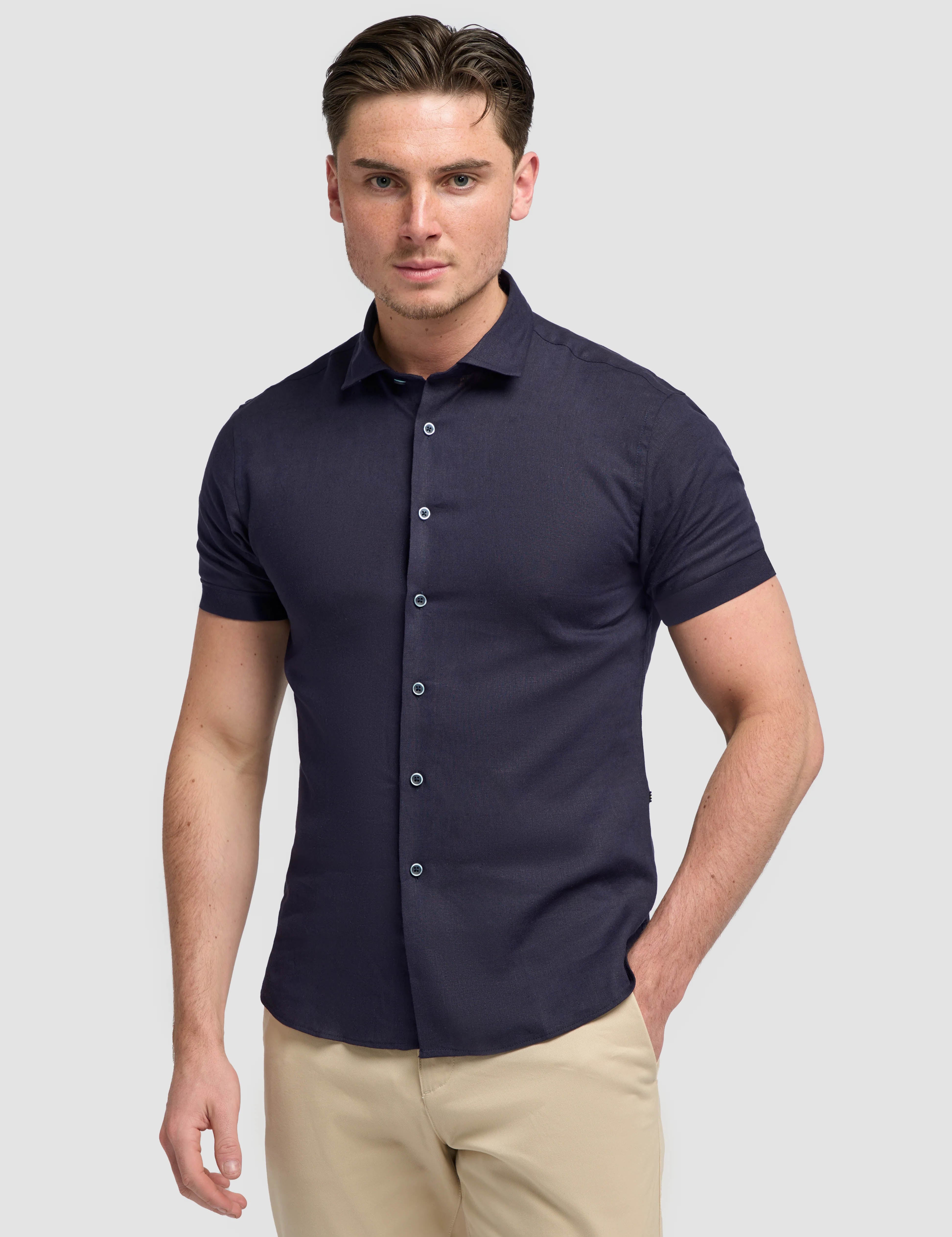Short Sleeve Linen Blend Shirt Navy - Matera