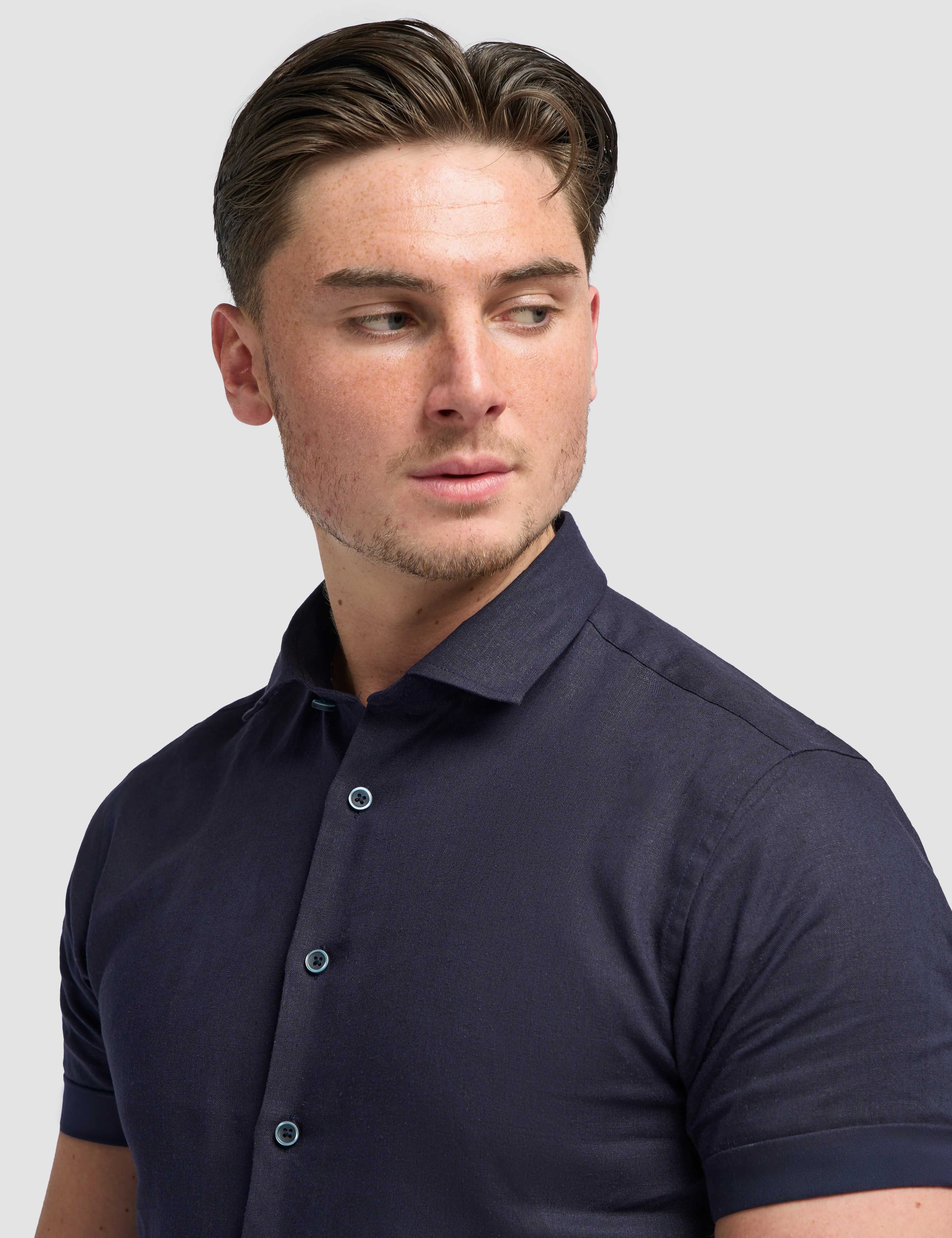 Short Sleeve Linen Blend Shirt Navy - Matera