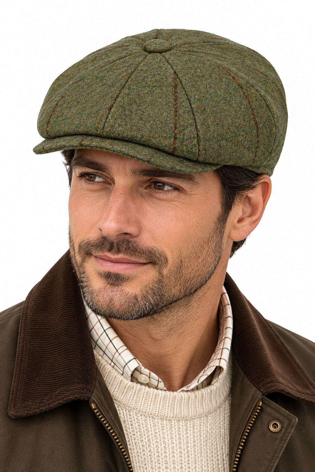 Green Wool Tweed 8 Panel Newsboy Cap
