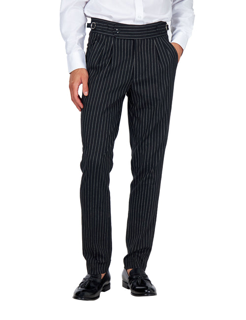 LLOYD - Black Pinstripe Linen Trousers Tapered Fit