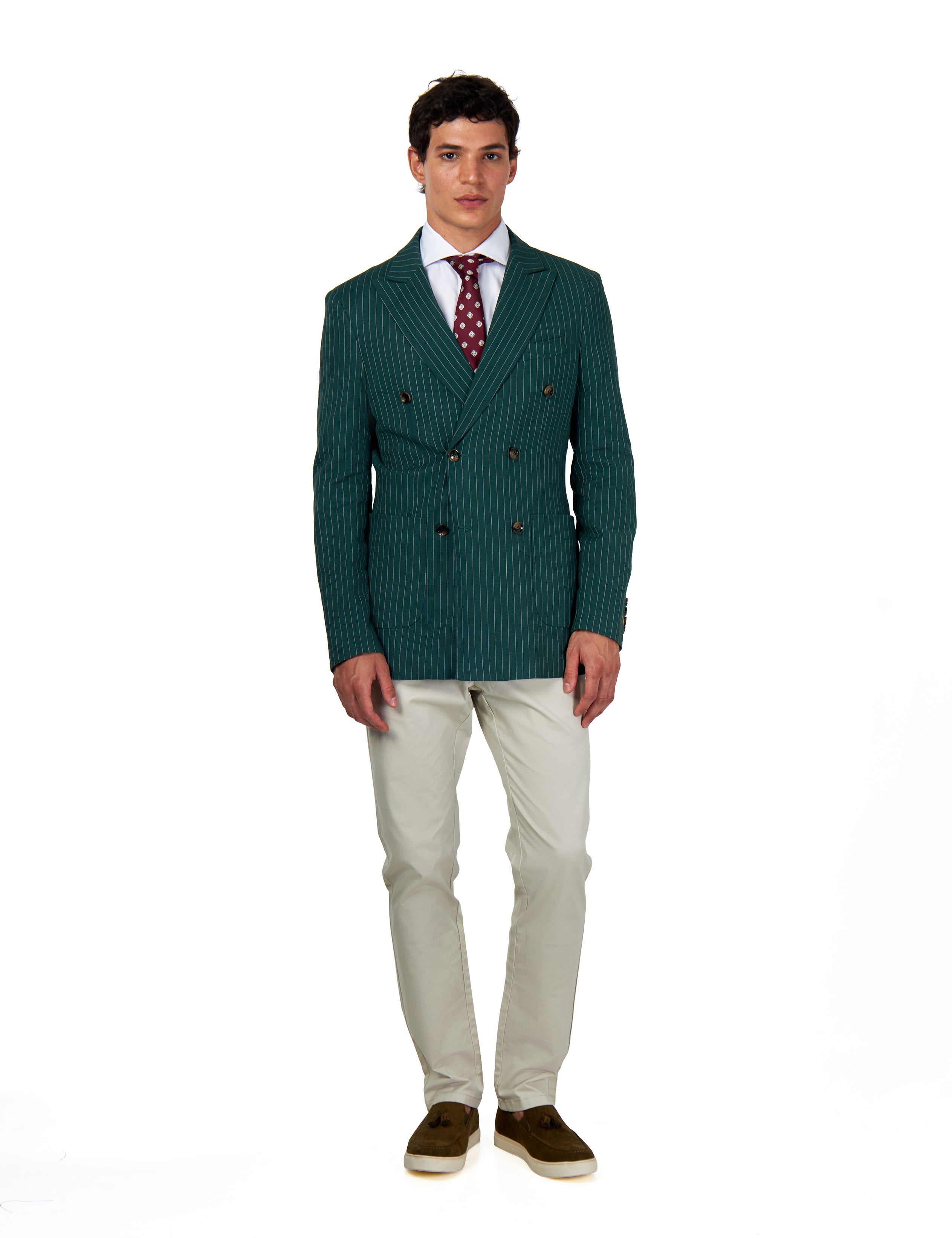 LLOYD – Double Breasted Linen Jacket In Green Pinstripes