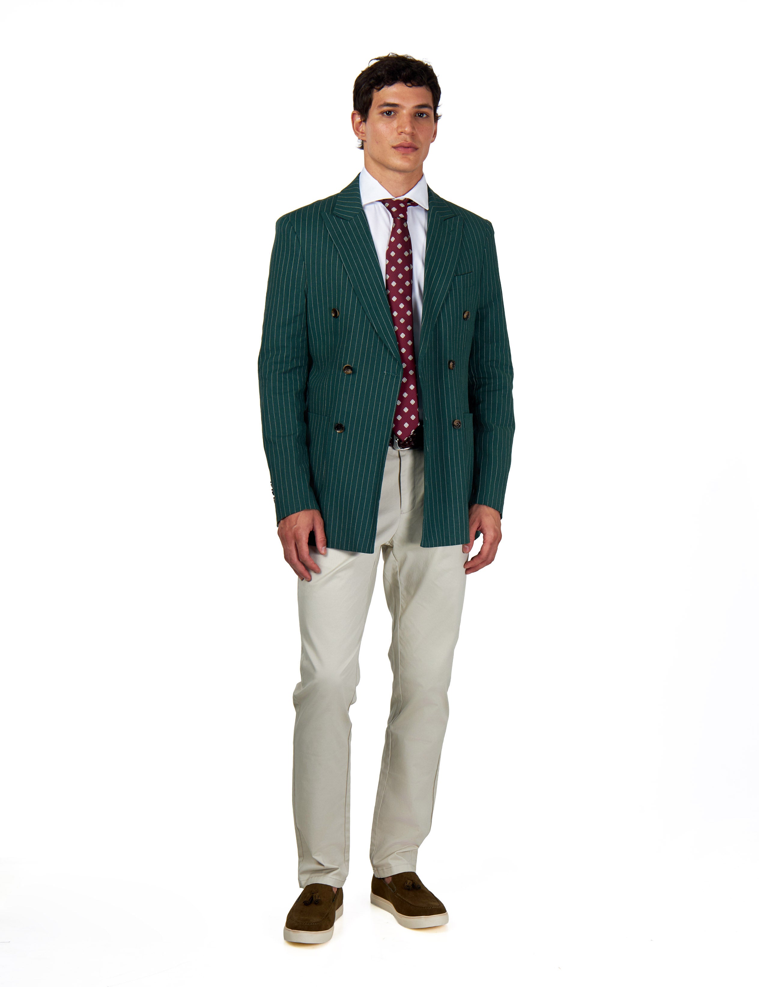 LLOYD – Double Breasted Linen Jacket In Green Pinstripes