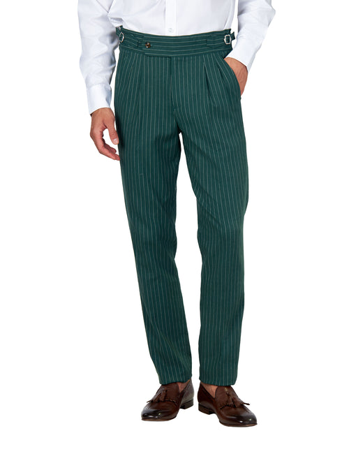 LLOYD - Green Pinstripe Linen Trousers Tapered Fit