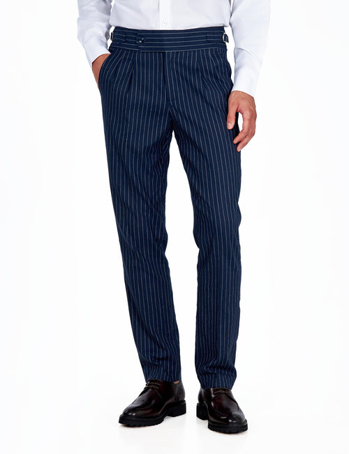 LLOYD – Navy Blue Pinstripe Linen Trousers Tapered Fit