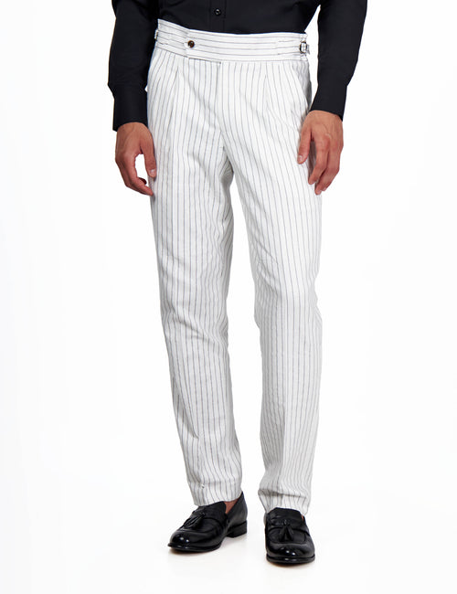 LLOYD - White Pinstripe Linen Trousers Tapered Fit