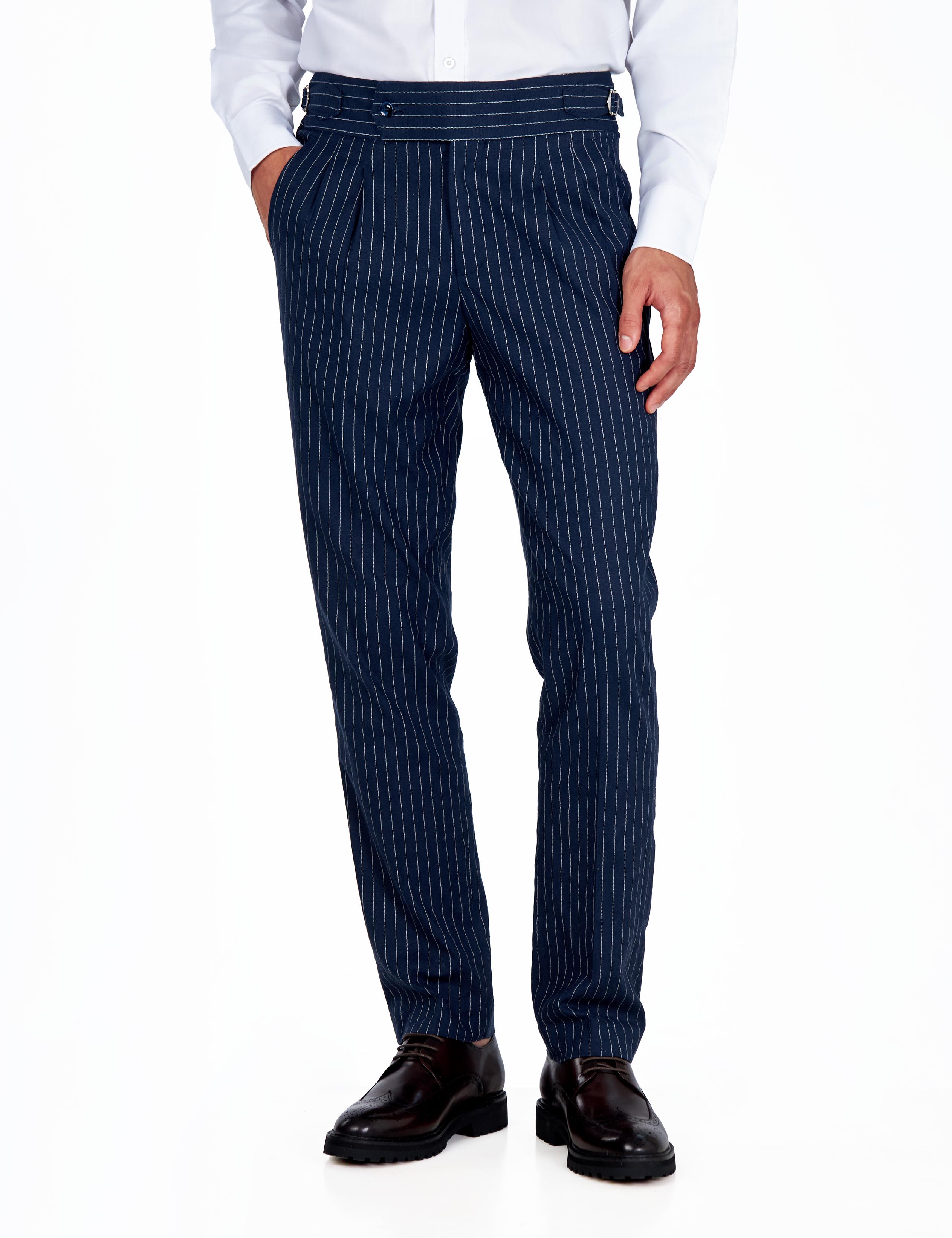 LLOYD - Tailored Mens Navy Pinstripe Linen 2 Piece Suit