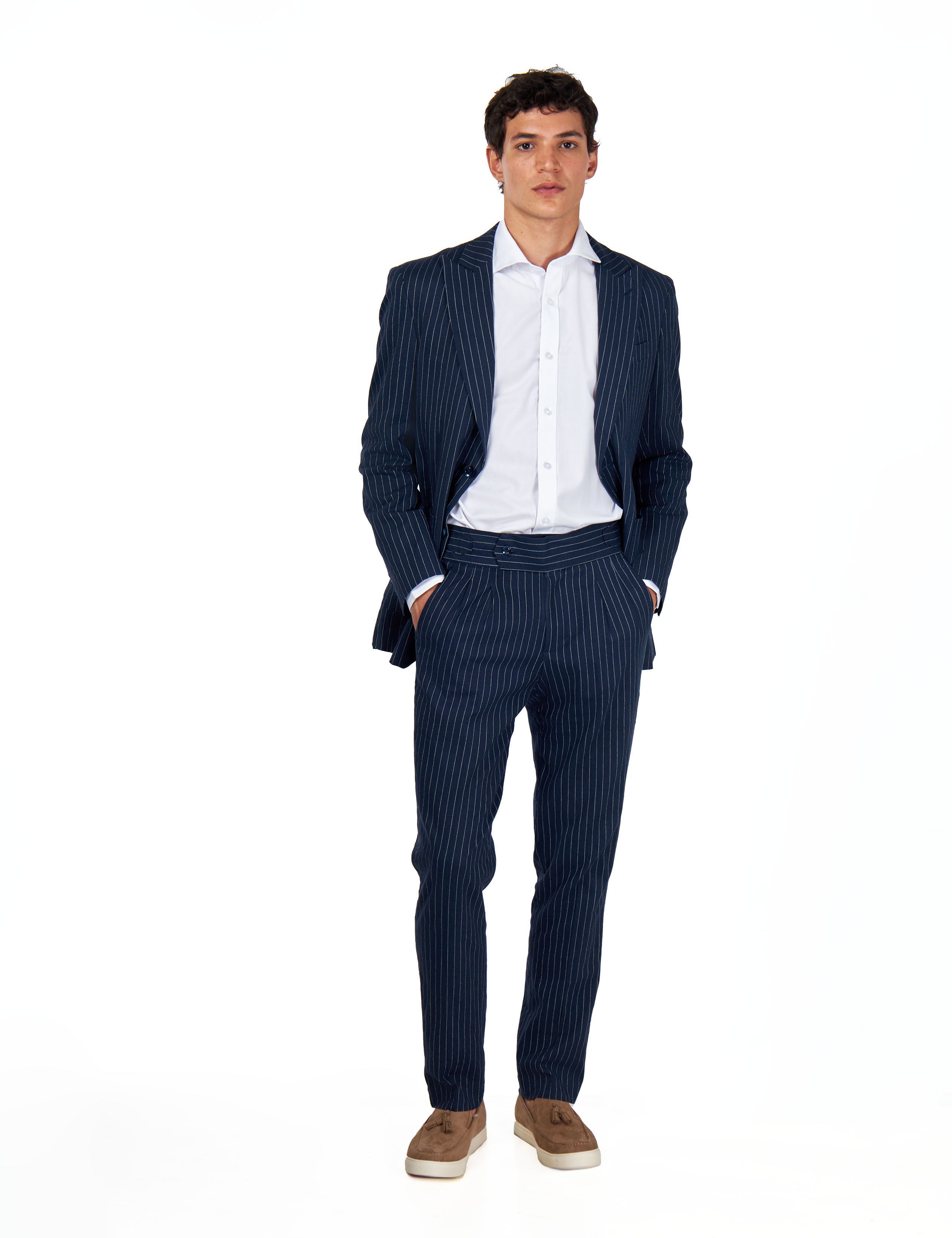 LLOYD - Tailored Mens Navy Pinstripe Linen 2 Piece Suit