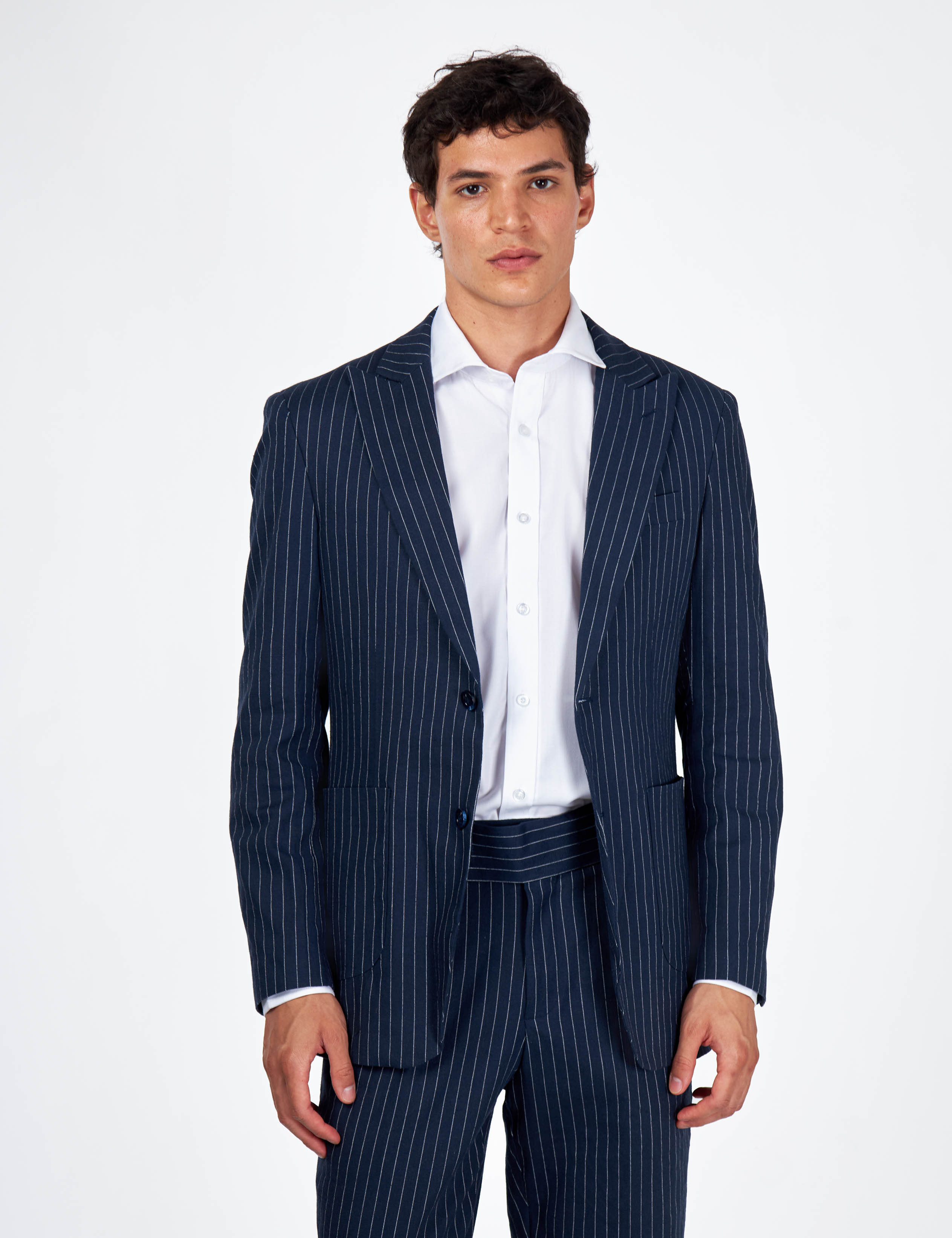 LLOYD - Tailored Mens Navy Pinstripe Linen 2 Piece Suit
