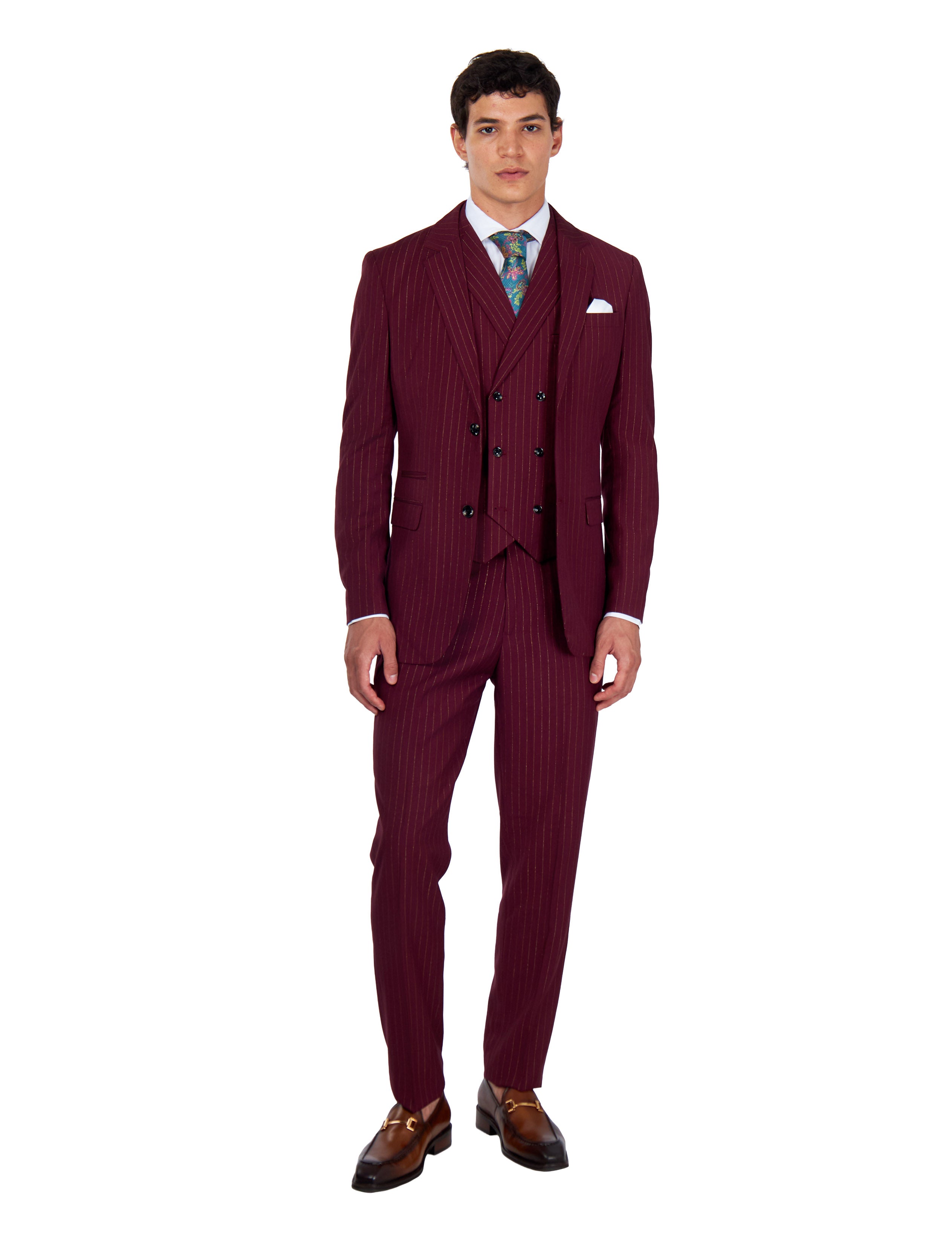 NEIL – Mens Maroon Gold Pinstripe Blazer Tailored Fit Jacket