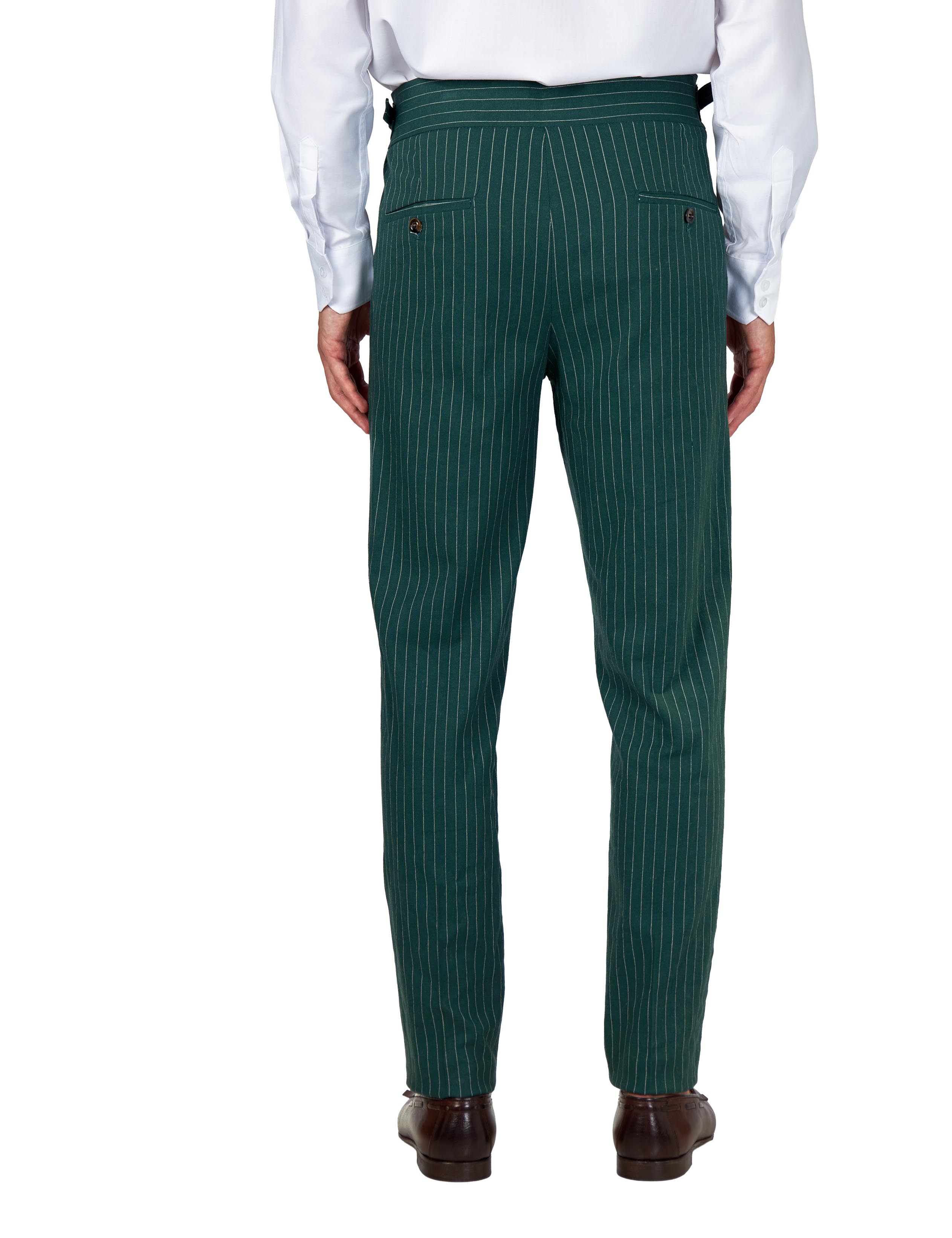 LLOYD - Green Pinstripe Linen Trousers Tapered Fit