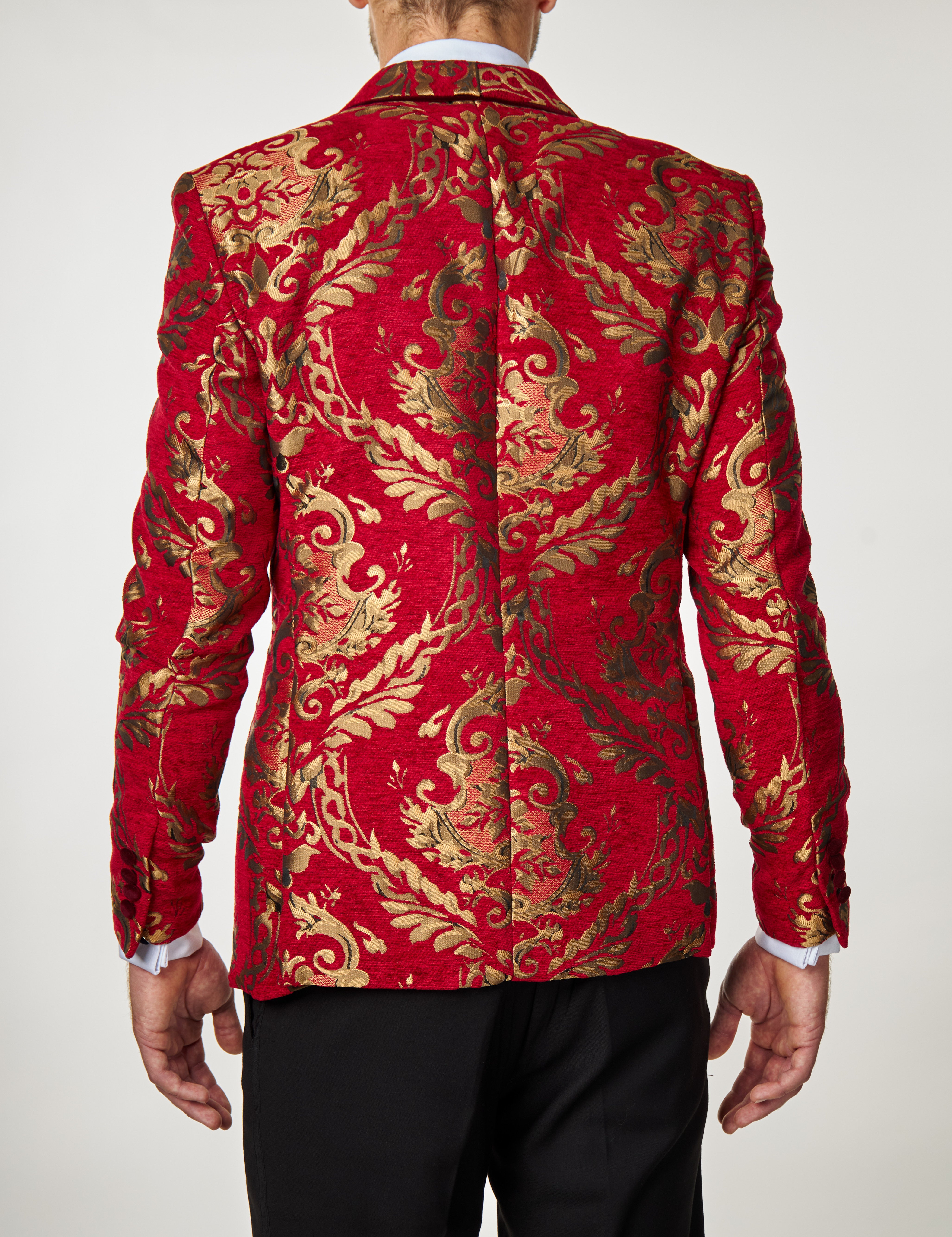 Gold Brocade Paisley Print on Crimson Red Jacquard Jacket