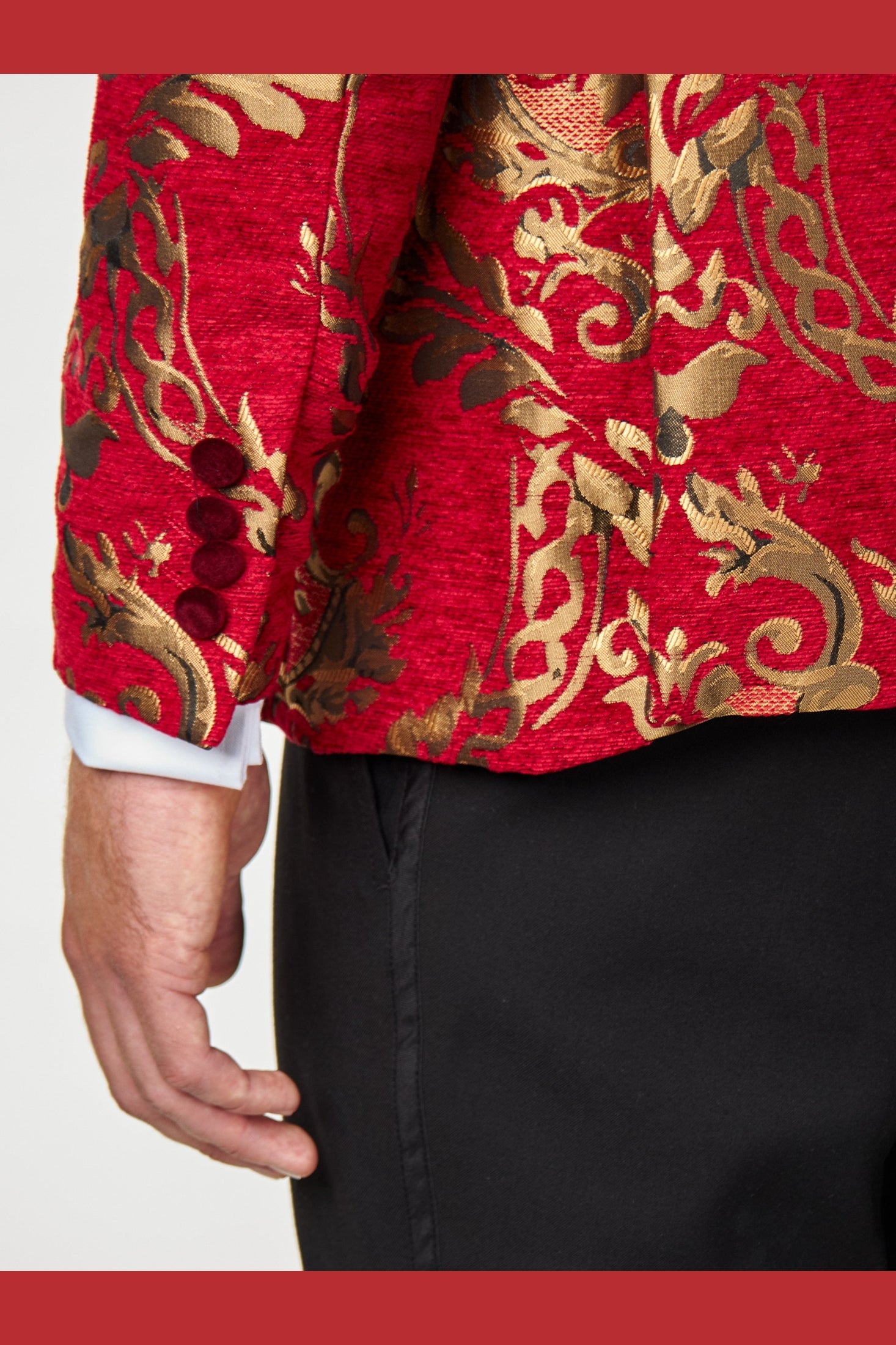 GLEN - Gold Brocade Paisley Print on Crimson Red Jacquard Tux Jacket