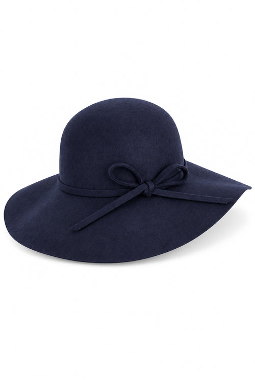 Ladies 100% Wool Wide Brim Floppy Hat with Bow Trim – Navy