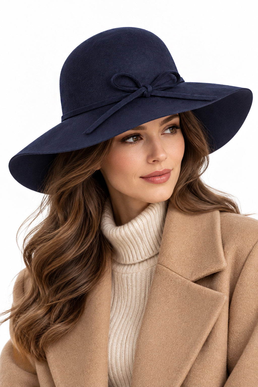 Ladies 100% Wool Wide Brim Floppy Hat with Bow Trim – Navy