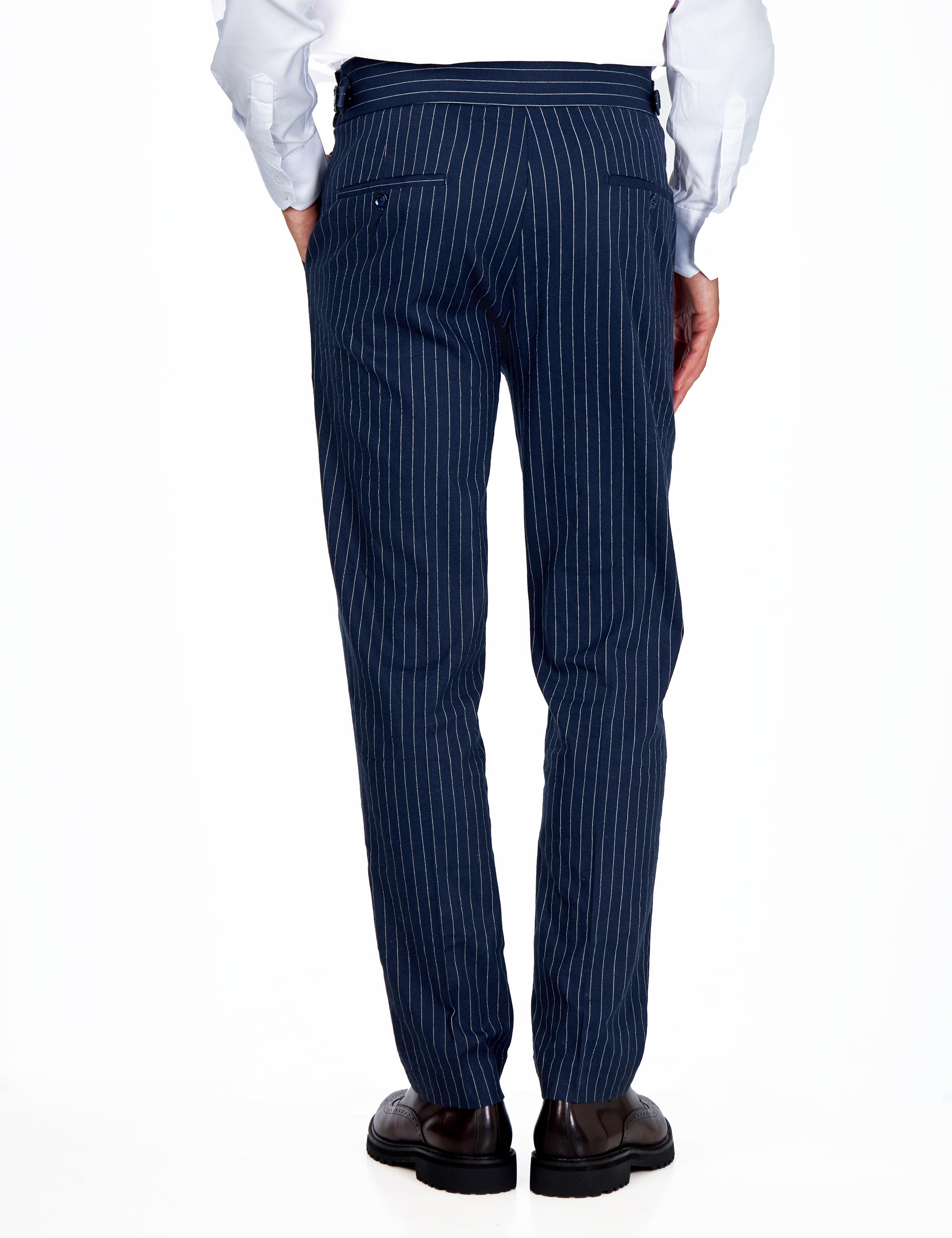 LLOYD – Navy Blue Pinstripe Linen Trousers Tapered Fit