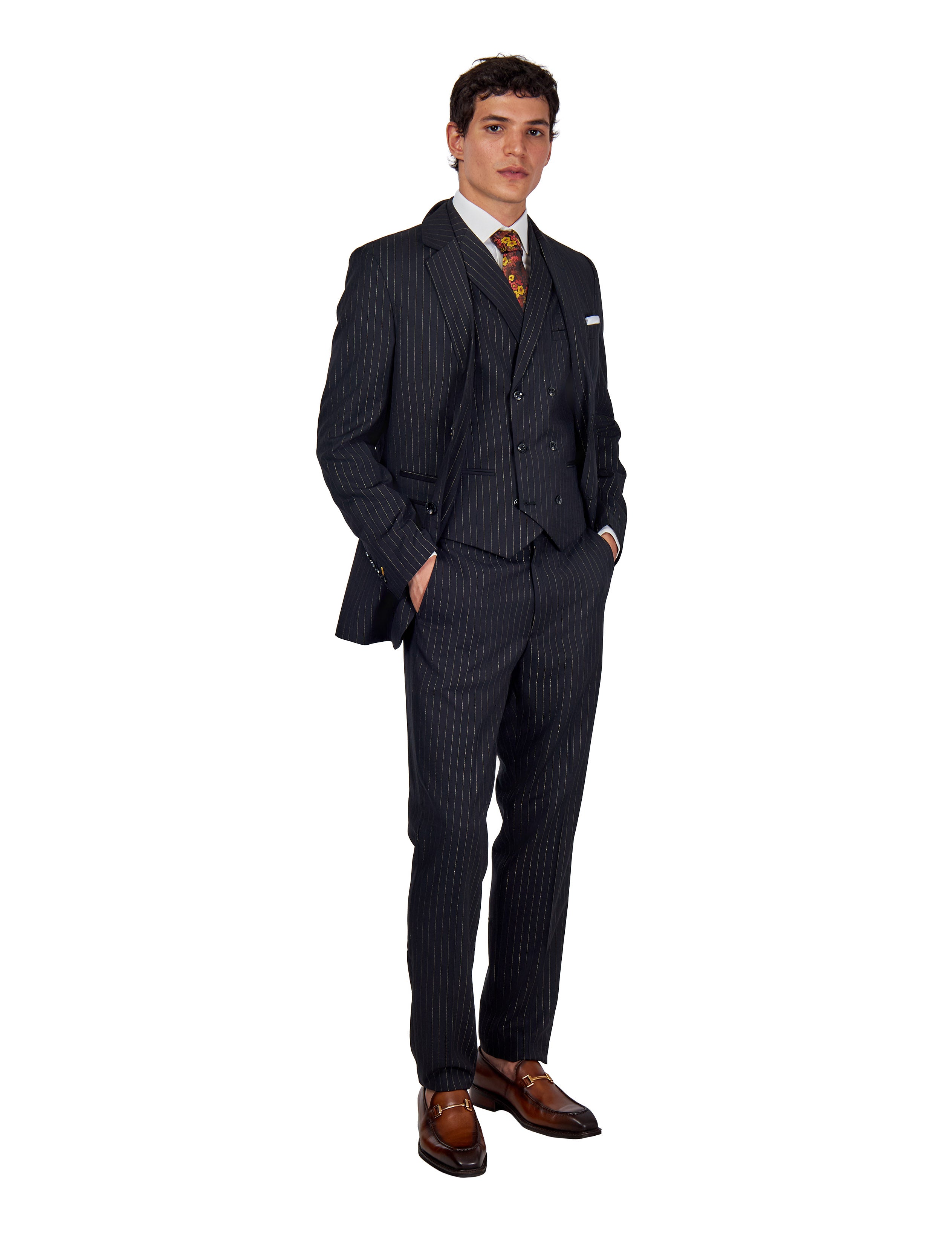 NEIL - Mens Black 3-Piece Suit Fine Gold Pinstripes Tailored Fit