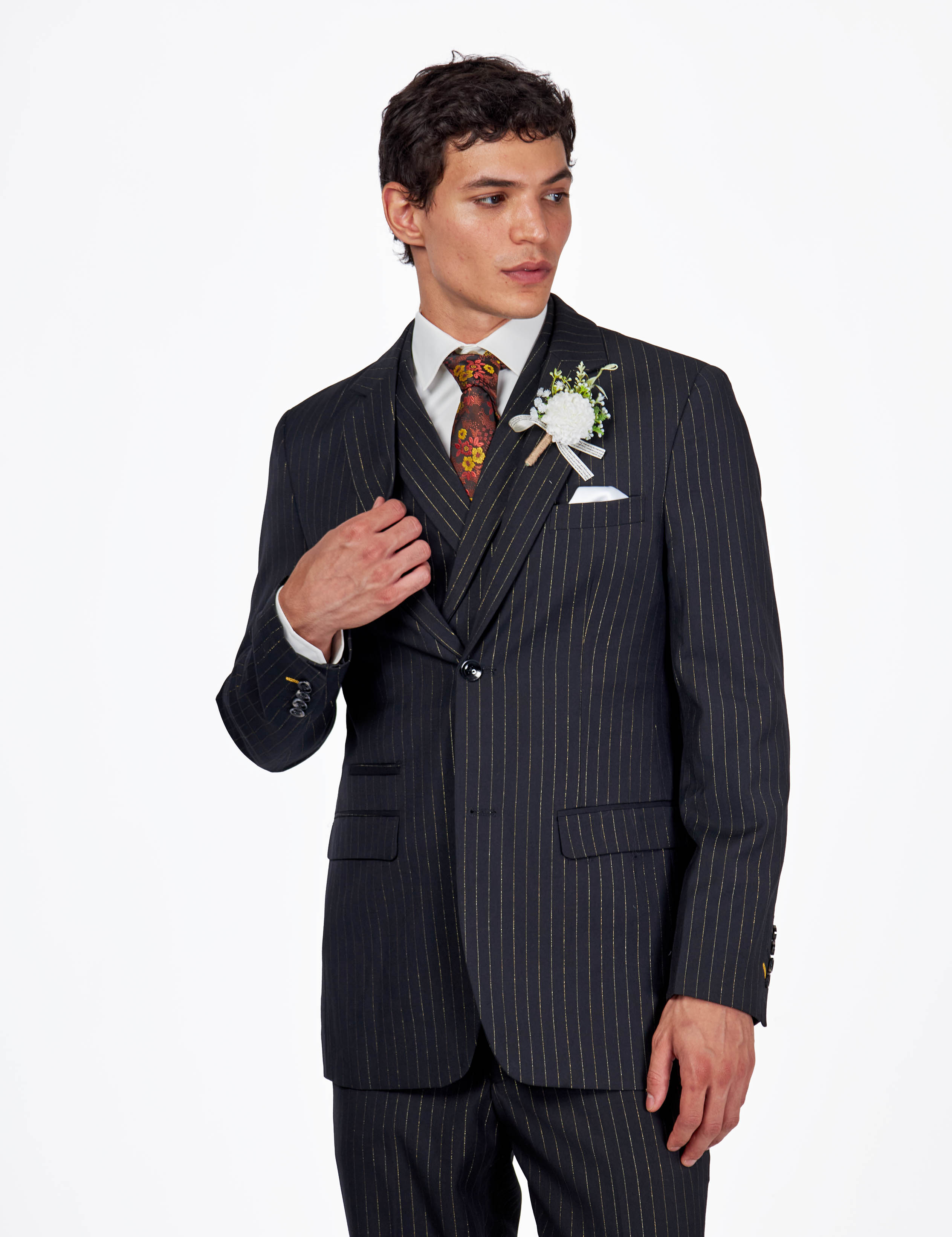 NEIL - Mens Black 3-Piece Suit Fine Gold Pinstripes Tailored Fit