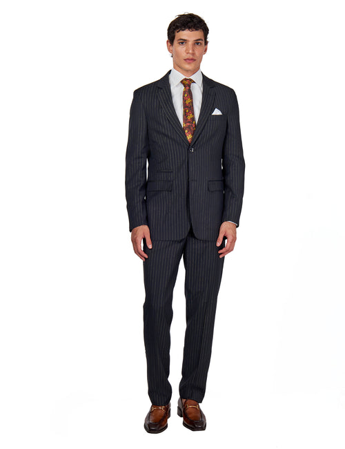 NEIL – Mens Black Two Piece Suit Gold Pinstripe