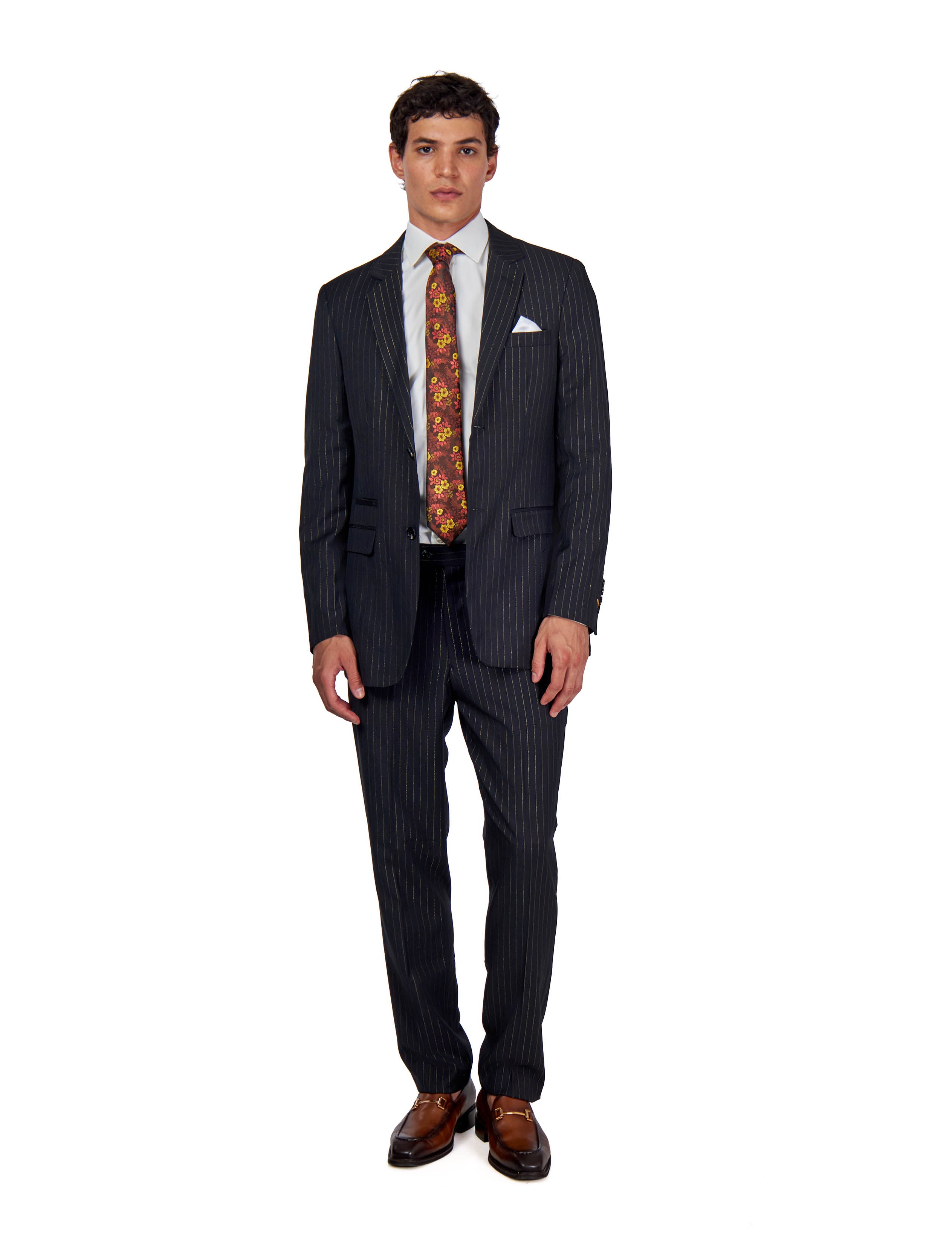 NEIL – Mens Black Two Piece Suit Gold Pinstripe
