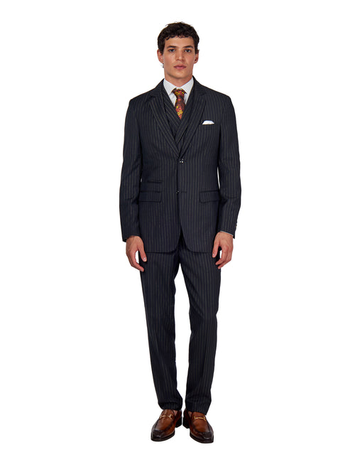 NEIL - Mens Black 3-Piece Suit Fine Gold Pinstripes Tailored Fit