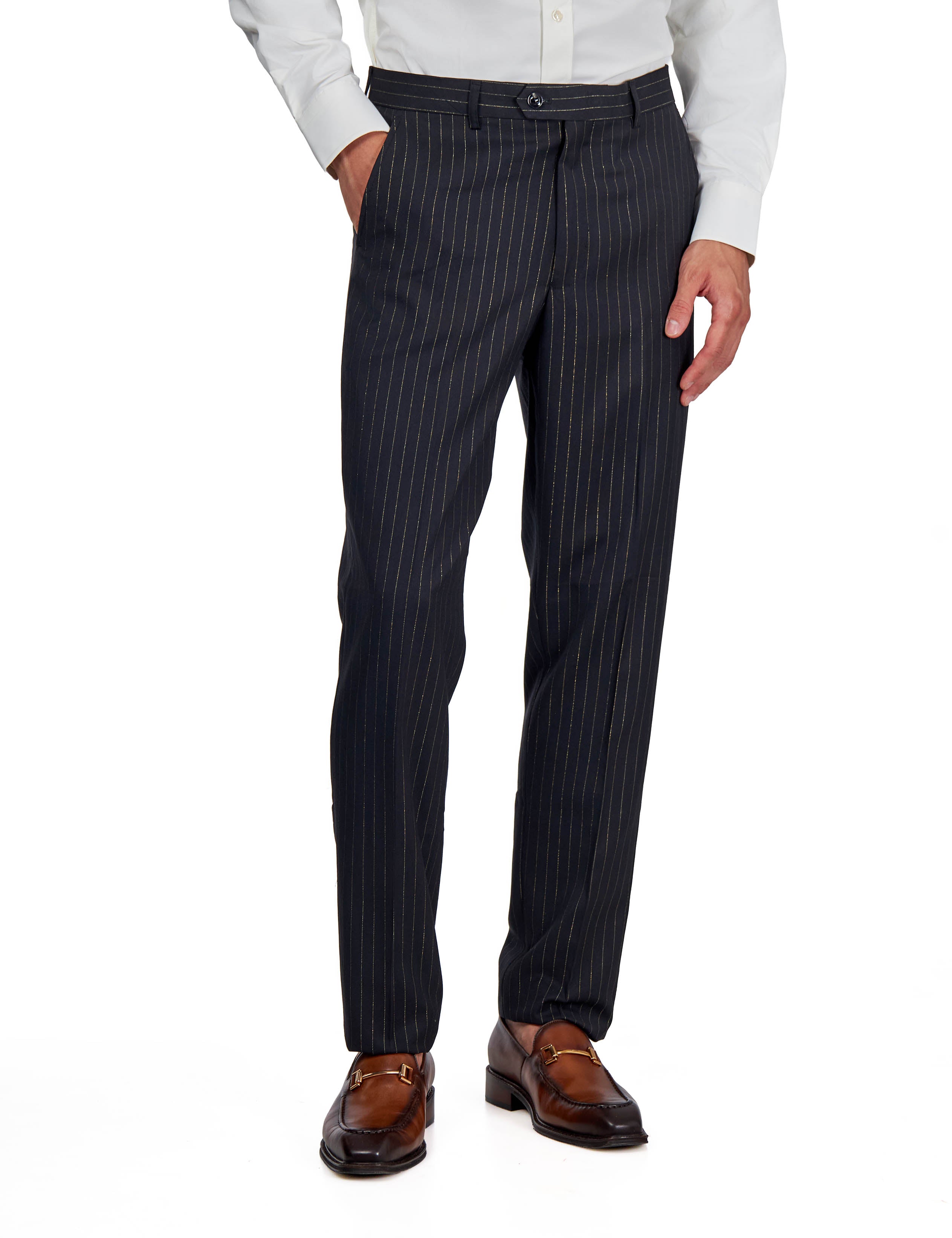 NEIL - Mens Black 3-Piece Suit Fine Gold Pinstripes Tailored Fit