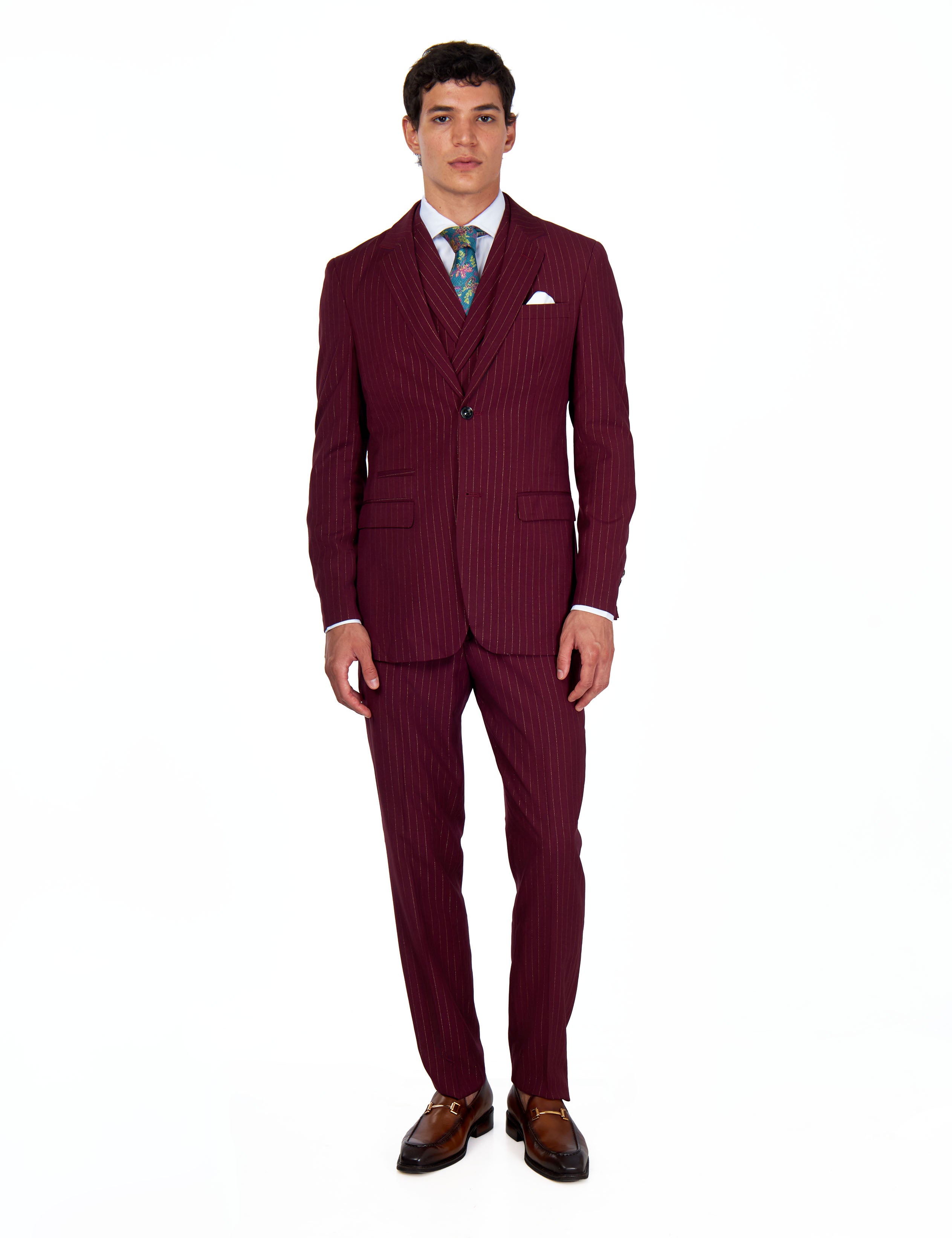 NEIL - Mens Black 3-Piece Suit Fine Gold Pinstripes Tailored Fit