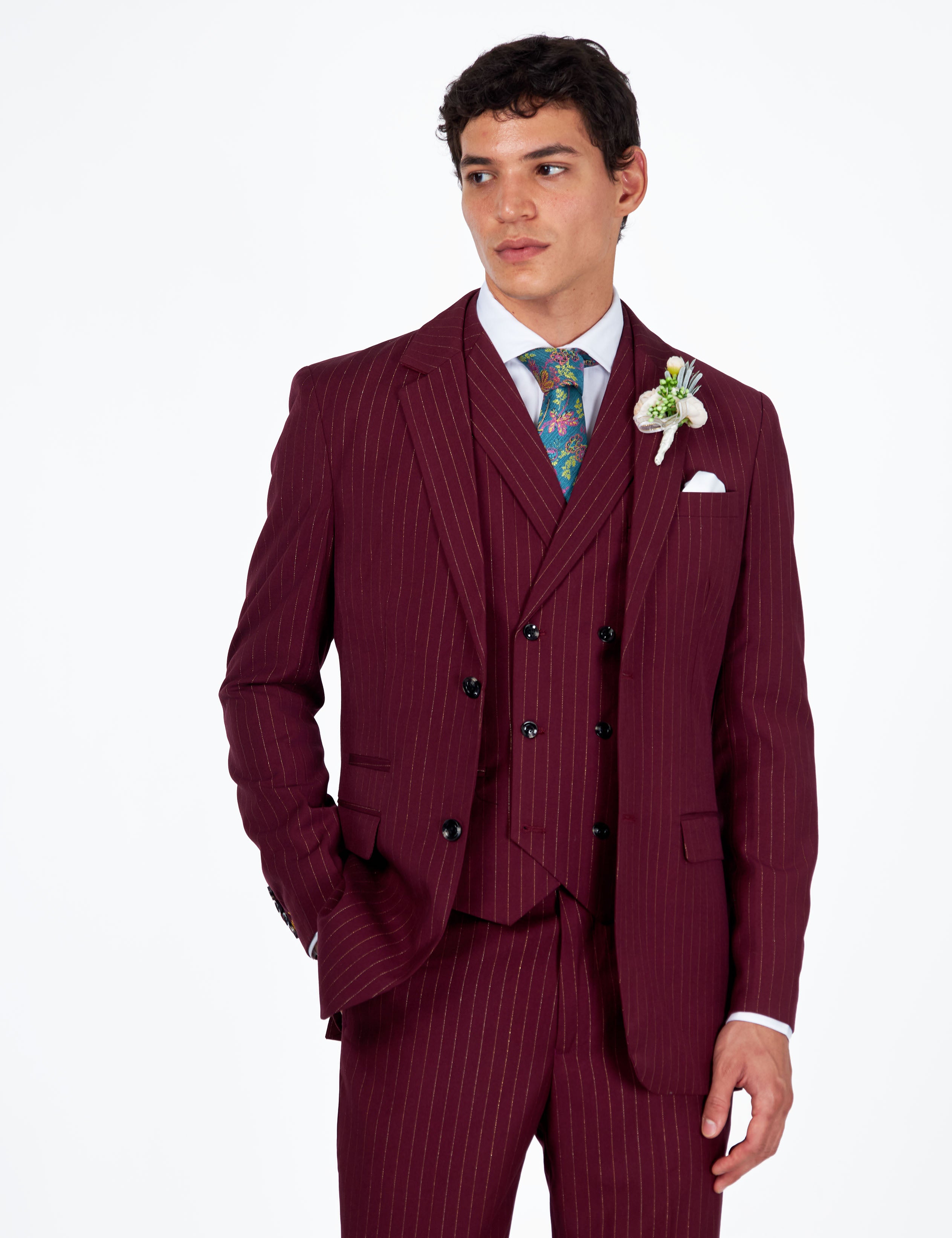 NEIL - Mens Black 3-Piece Suit Fine Gold Pinstripes Tailored Fit