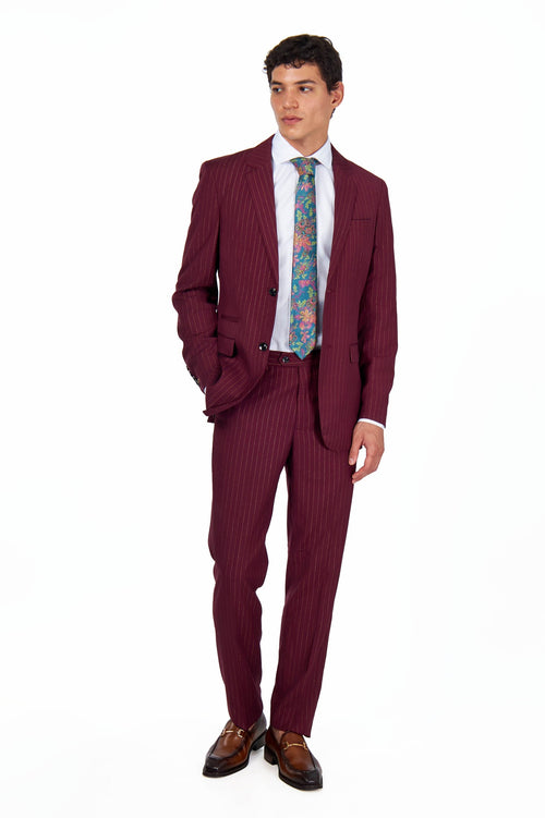 NEIL – Mens Maroon Two Piece Suit Gold Pinstripe