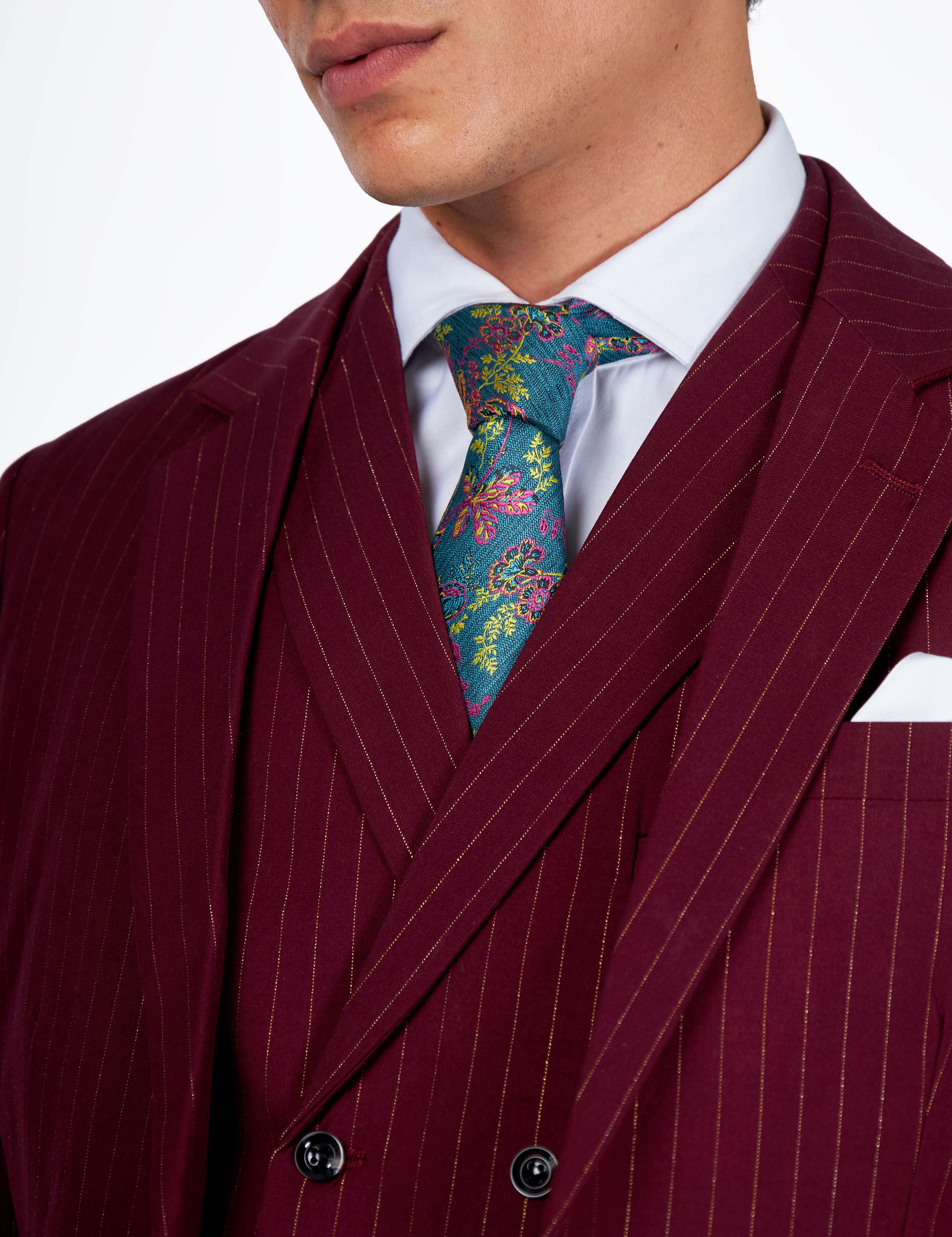 NEIL – Mens Double Breasted Waistcoat Maroon Gold Pinstripe