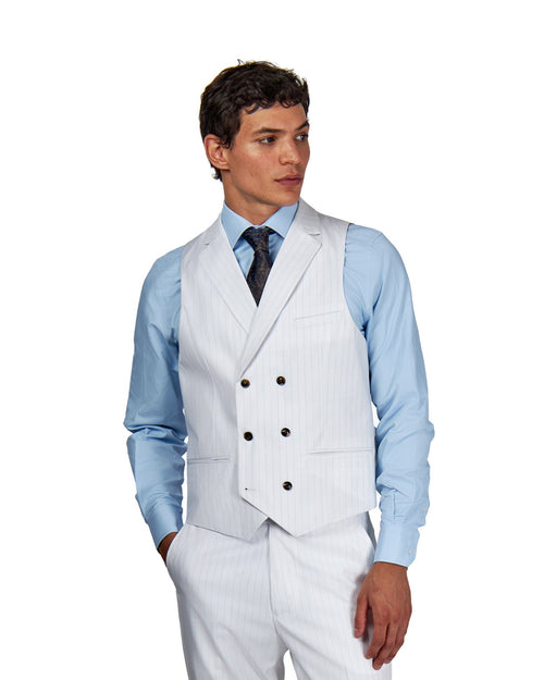 NEIL – Mens Double Breasted Wedding Waistcoat White Gold Pinstripes