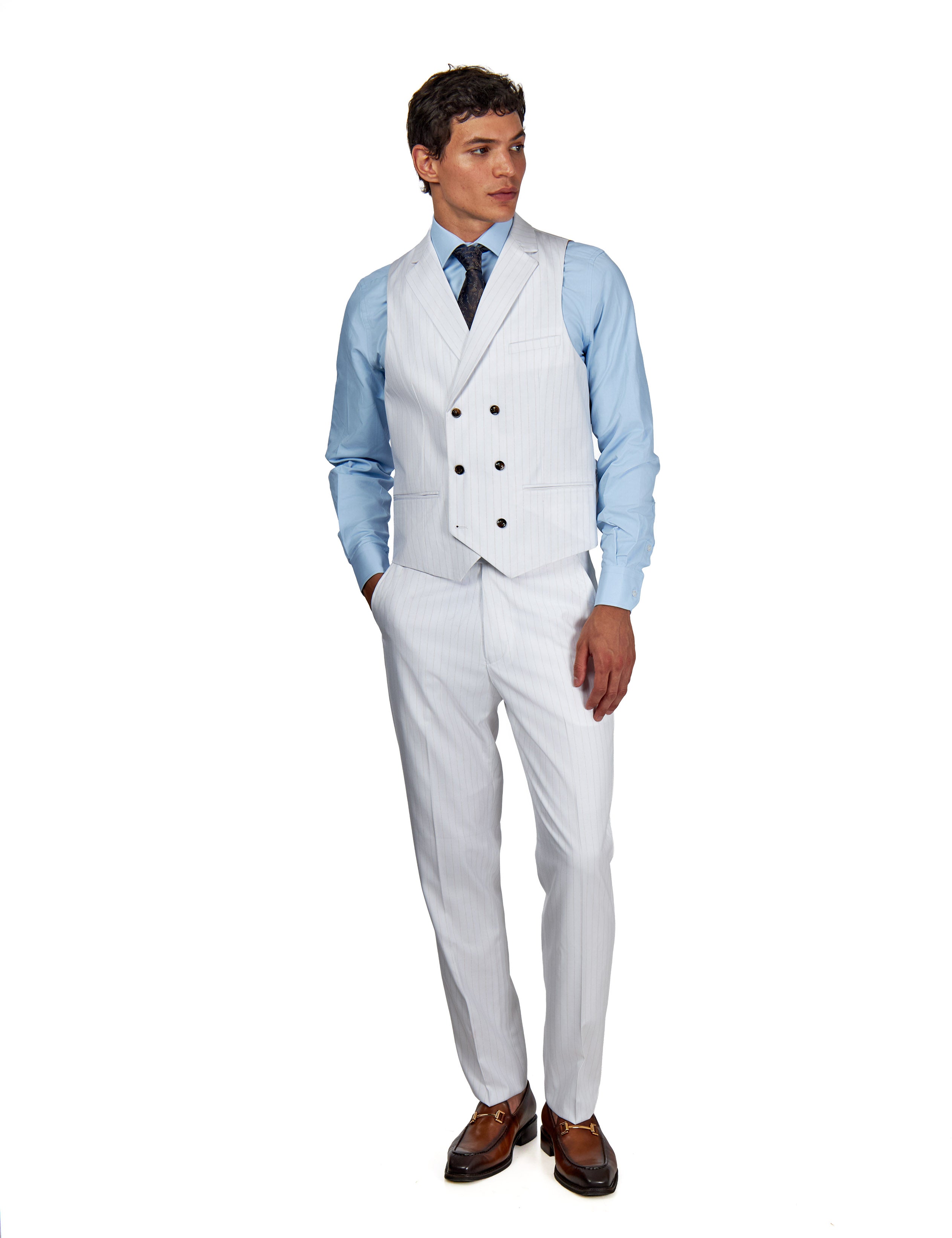 NEIL – Mens Double Breasted Wedding Waistcoat White Gold Pinstripes