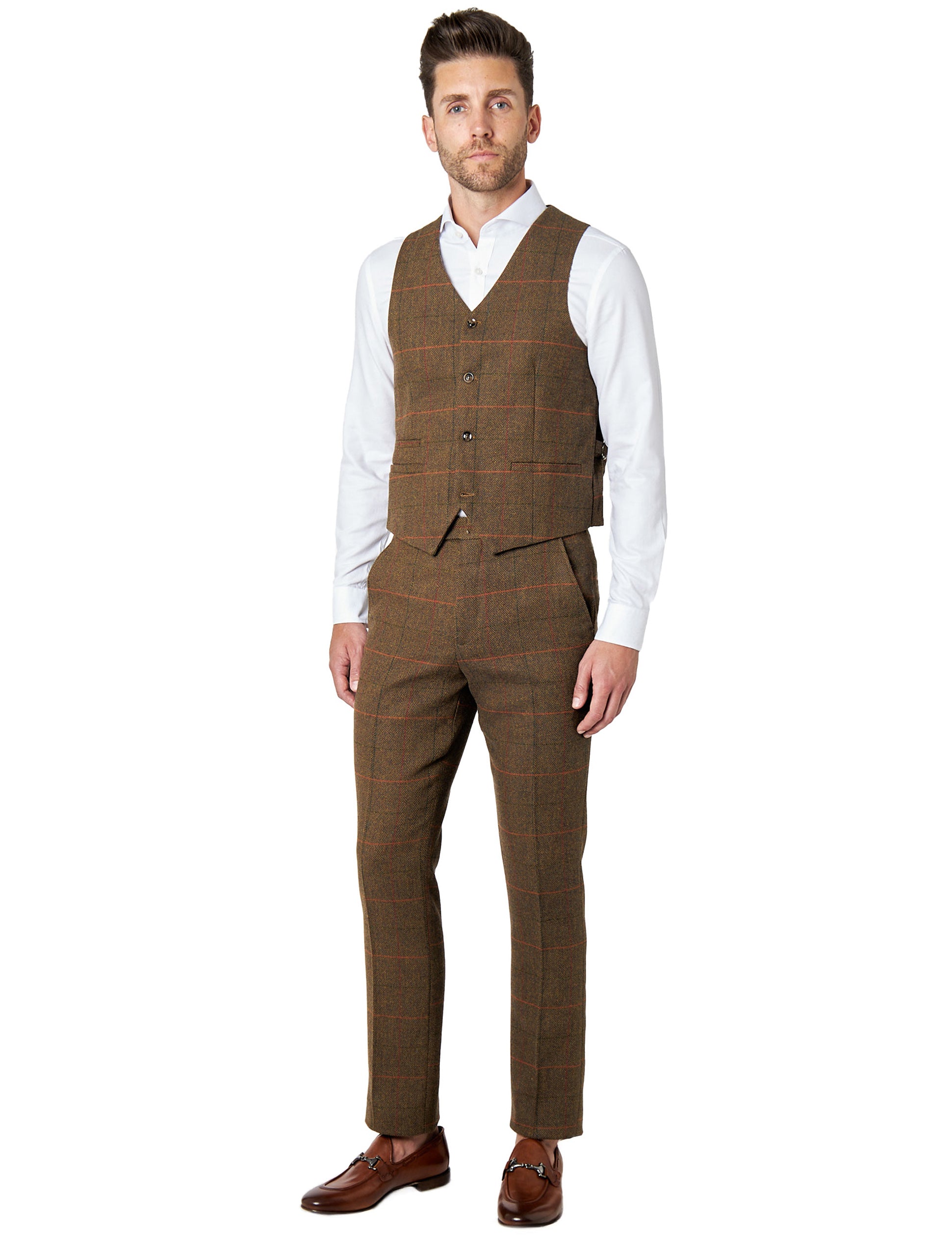Jarvis - Brown Tweed Check Plain Waistcoat