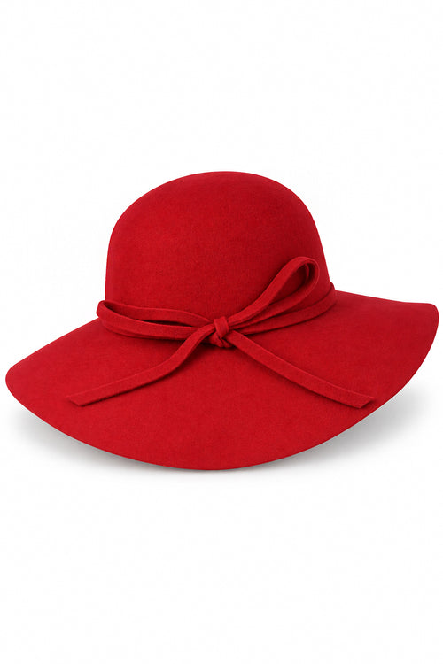 Ladies 100% Wool Wide Brim Floppy Hat with Bow Trim – Red