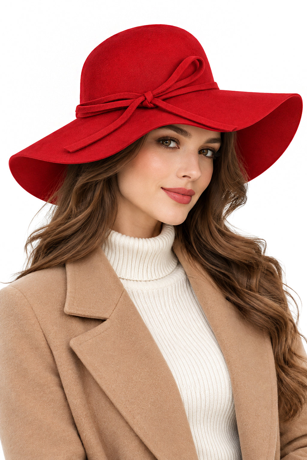 Ladies 100% Wool Wide Brim Floppy Hat with Bow Trim – Red