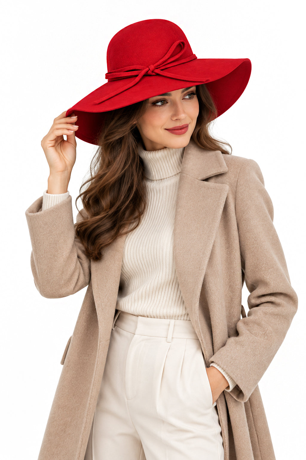 Ladies 100% Wool Wide Brim Floppy Hat with Bow Trim – Red