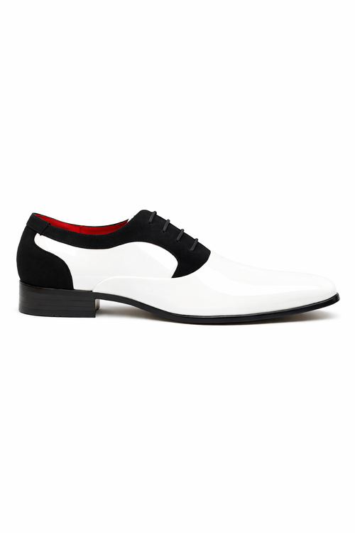 Black Suede White Shiny Patent Shoes