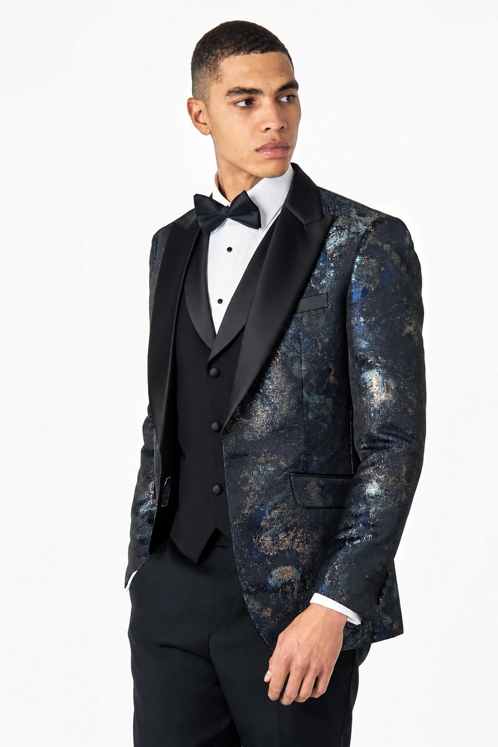 ALINO – Blue & Silver Printed Three Piece Wedding Suit with Black Waistcoat