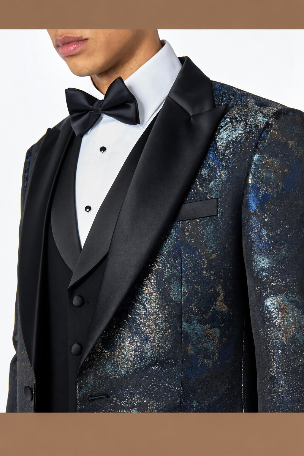 ALINO – Blue & Silver Printed Three Piece Wedding Suit with Black Waistcoat