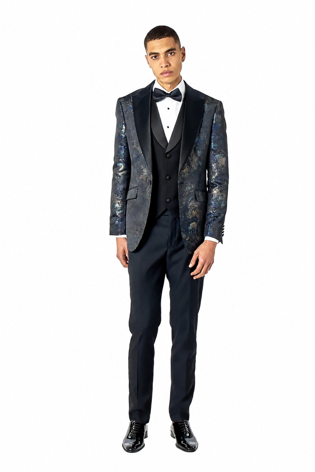 ALINO – Blue & Silver Printed Three Piece Wedding Suit with Black Waistcoat