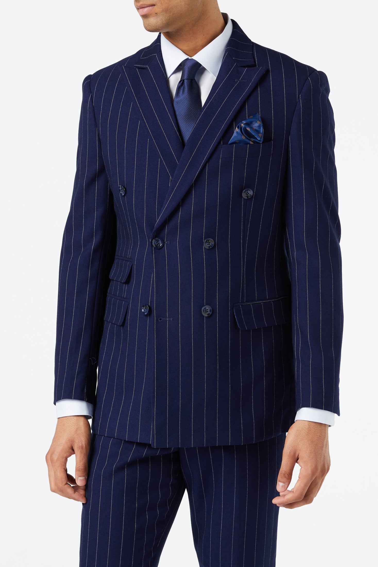 NAVY DOUBLE BREASTED WHITE PINSTRIPE JACKET