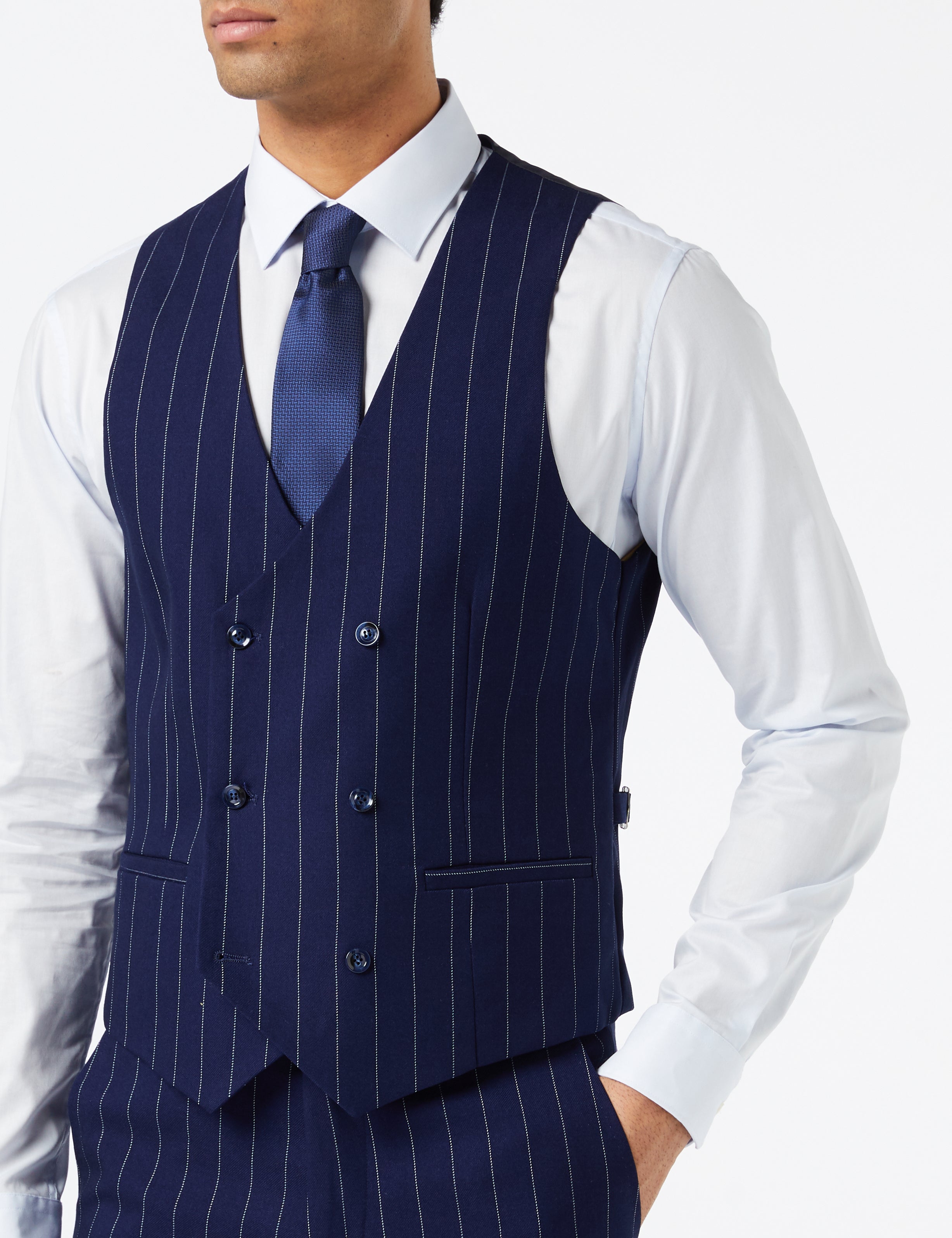 NAVY DOUBLE BREASTED WHITE PINSTRIPE JACKET & WAISTCOAT