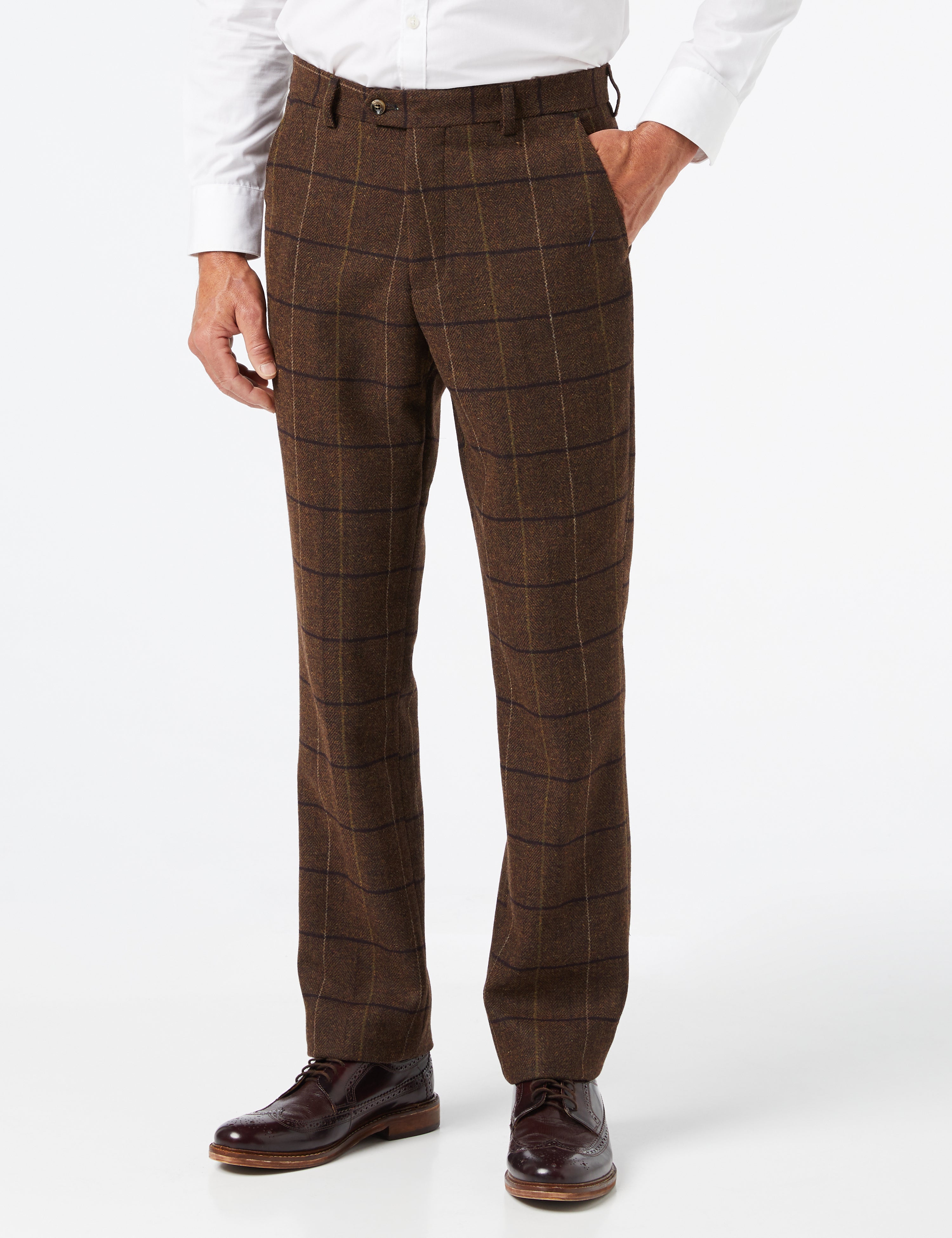 EVAN - TAN HERRINGBONE BROWN CHECK SUIT TROUSER