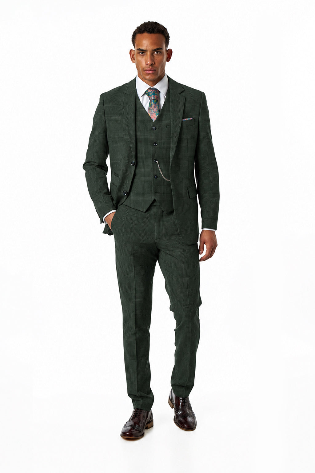 Finley - Men's Olive Green Prince of Wales Check Tailored 3 Piece Suit
