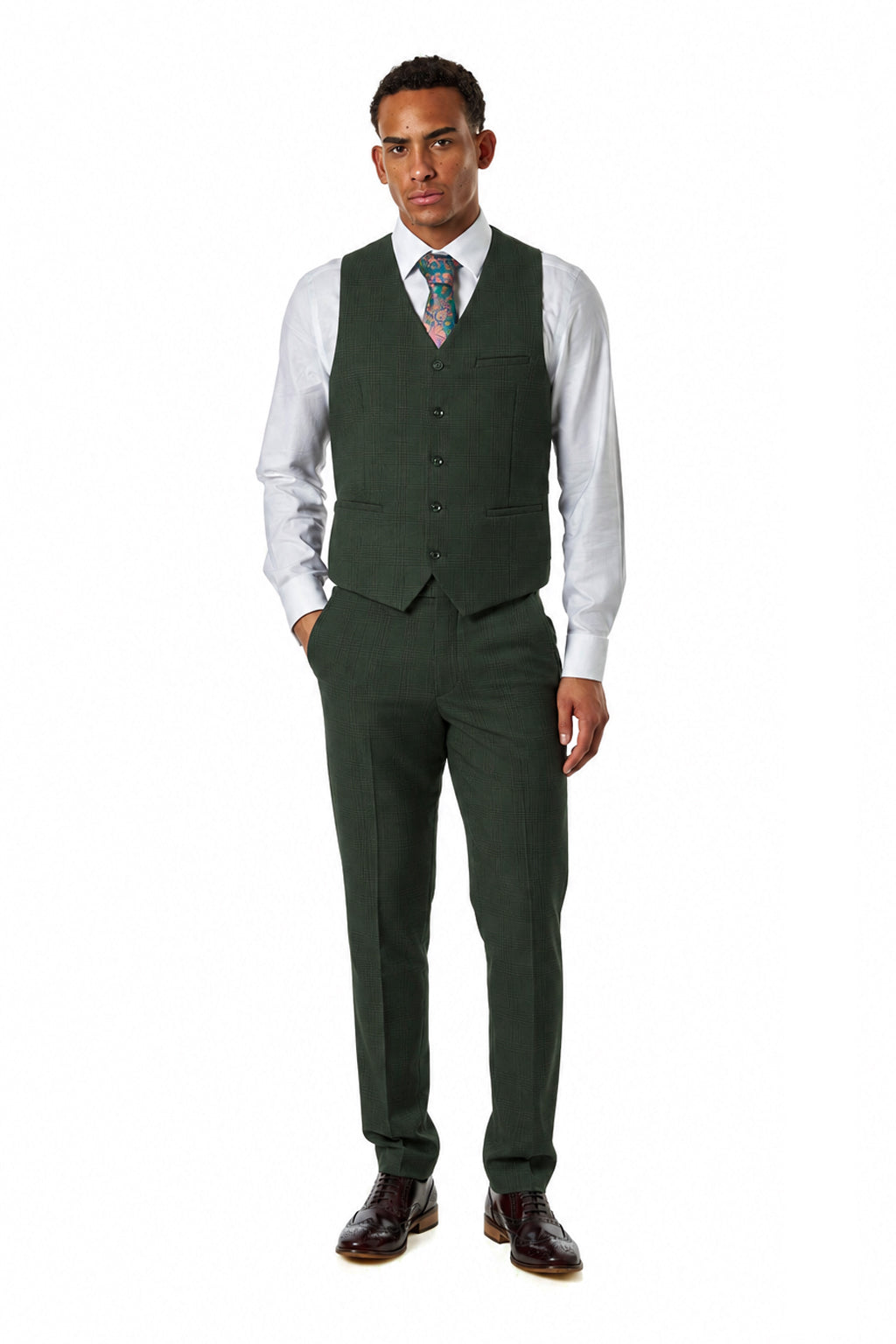 Finley - Men's Olive Green Prince of Wales Check Tailored 3 Piece Suit