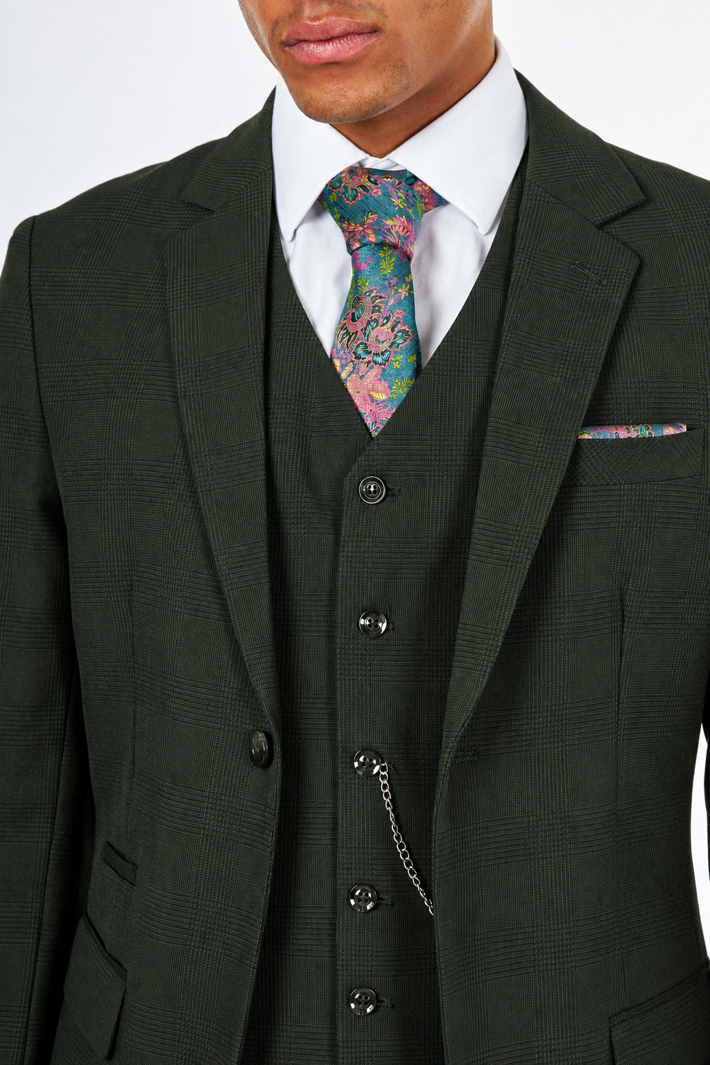 Finley - Men's Olive Green Prince of Wales Check Tailored 3 Piece Suit