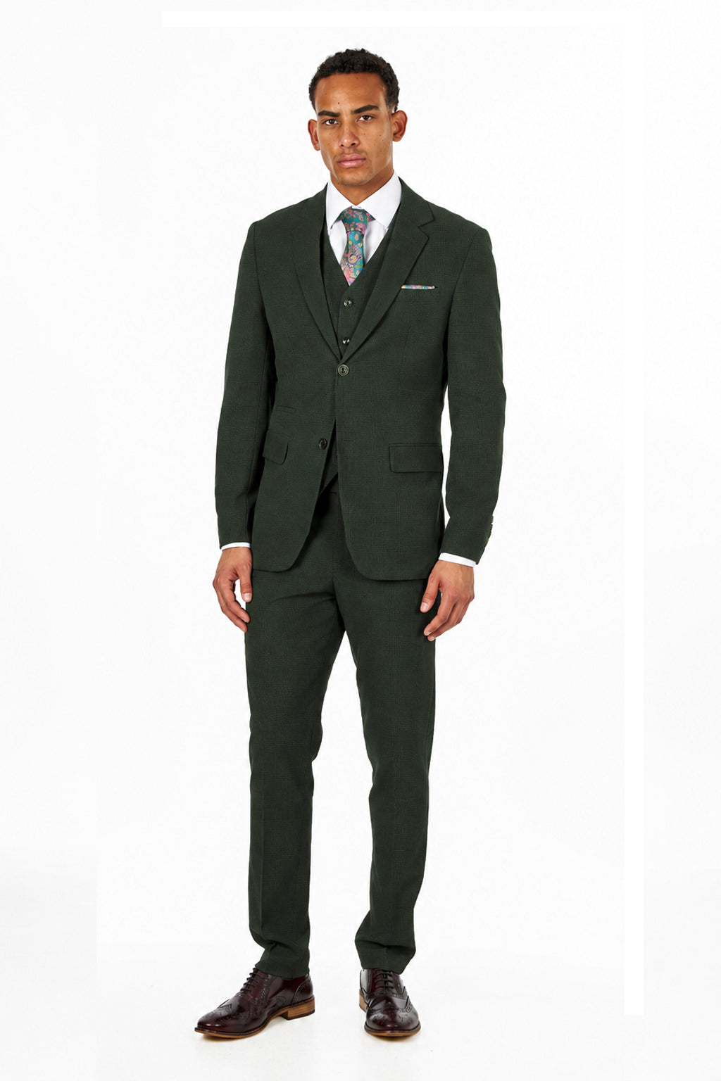 Finley - Men's Olive Green Prince of Wales Check Tailored 3 Piece Suit